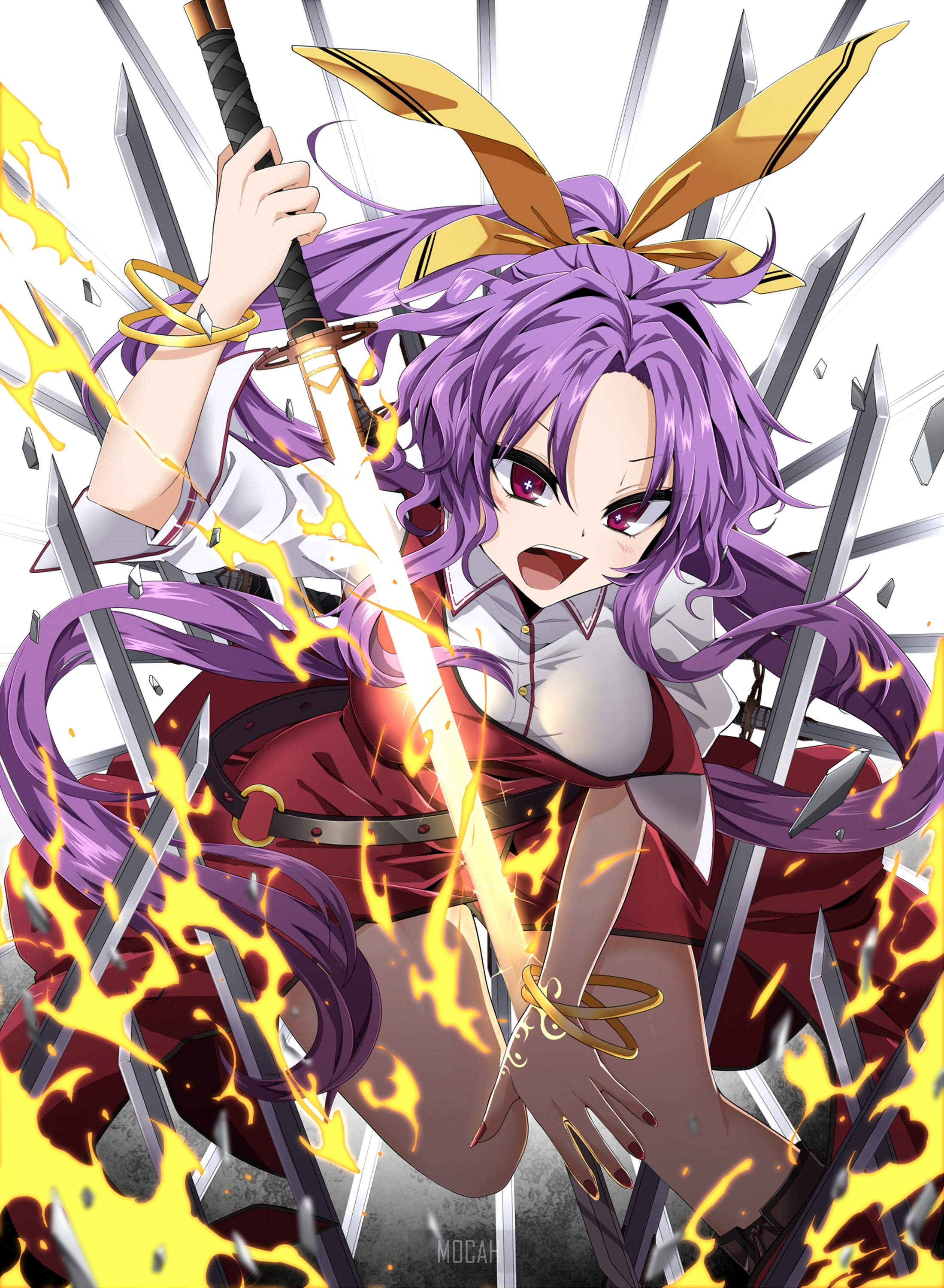 Anime girl with purple hair and sword HD Phone Wallpaper