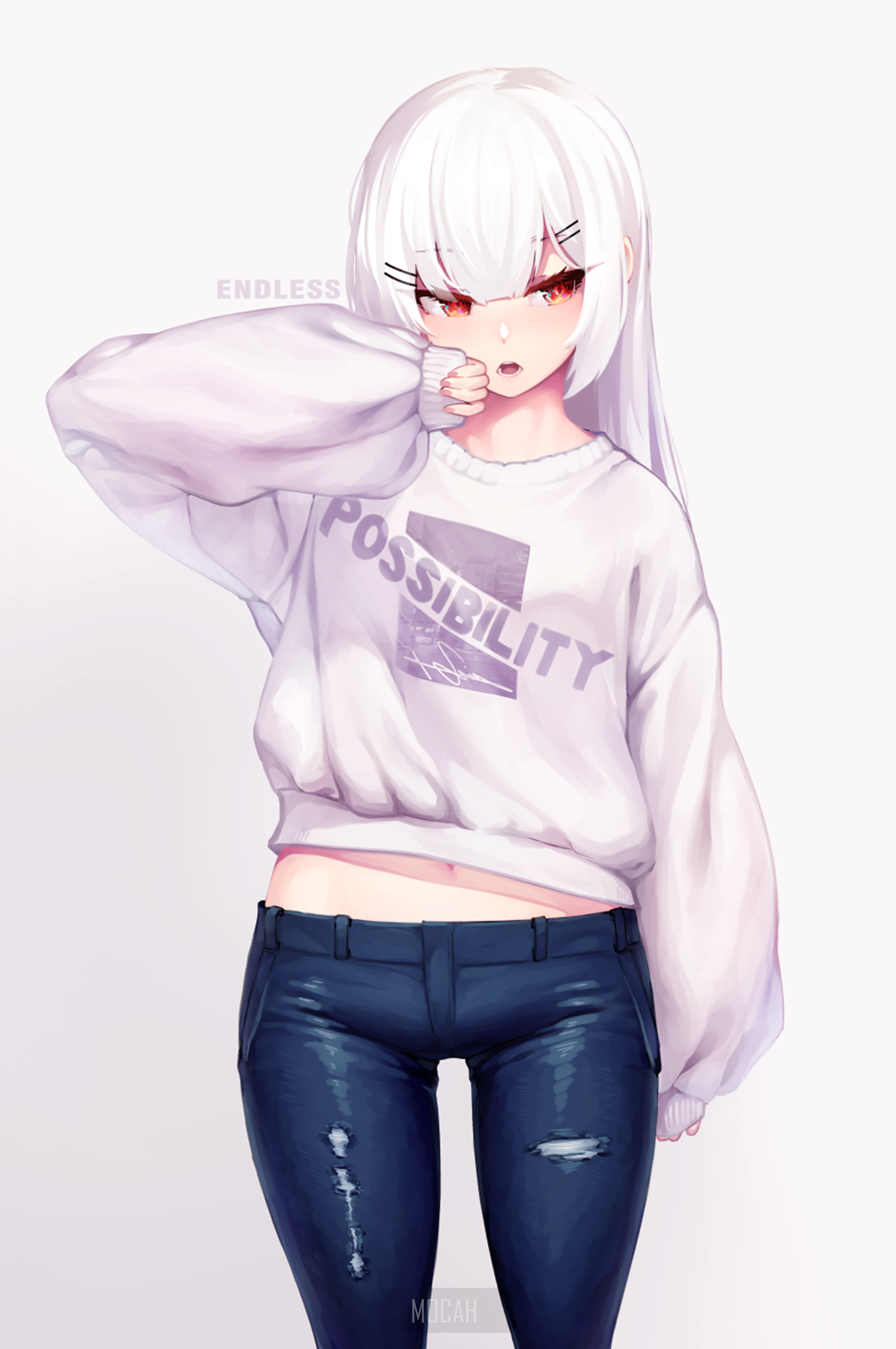 Anime girl with white hair and red eyes wearing a sweatshirt and jeans HD Phone Wallpaper