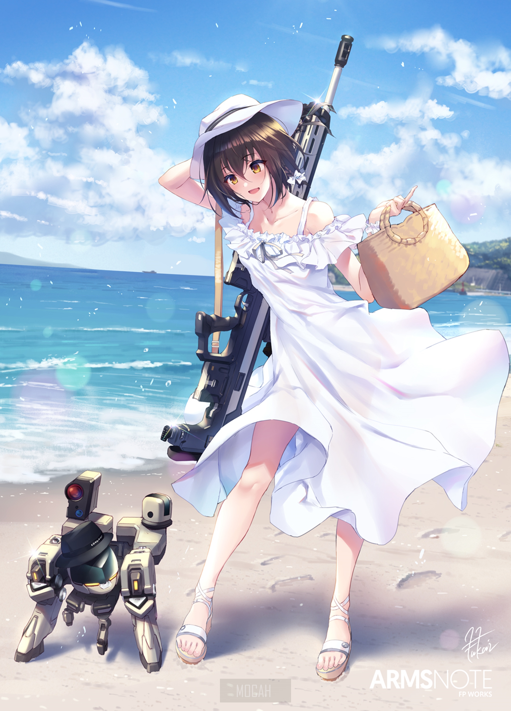Anime girl with sniper rifle and robot on beach HD Phone Wallpaper