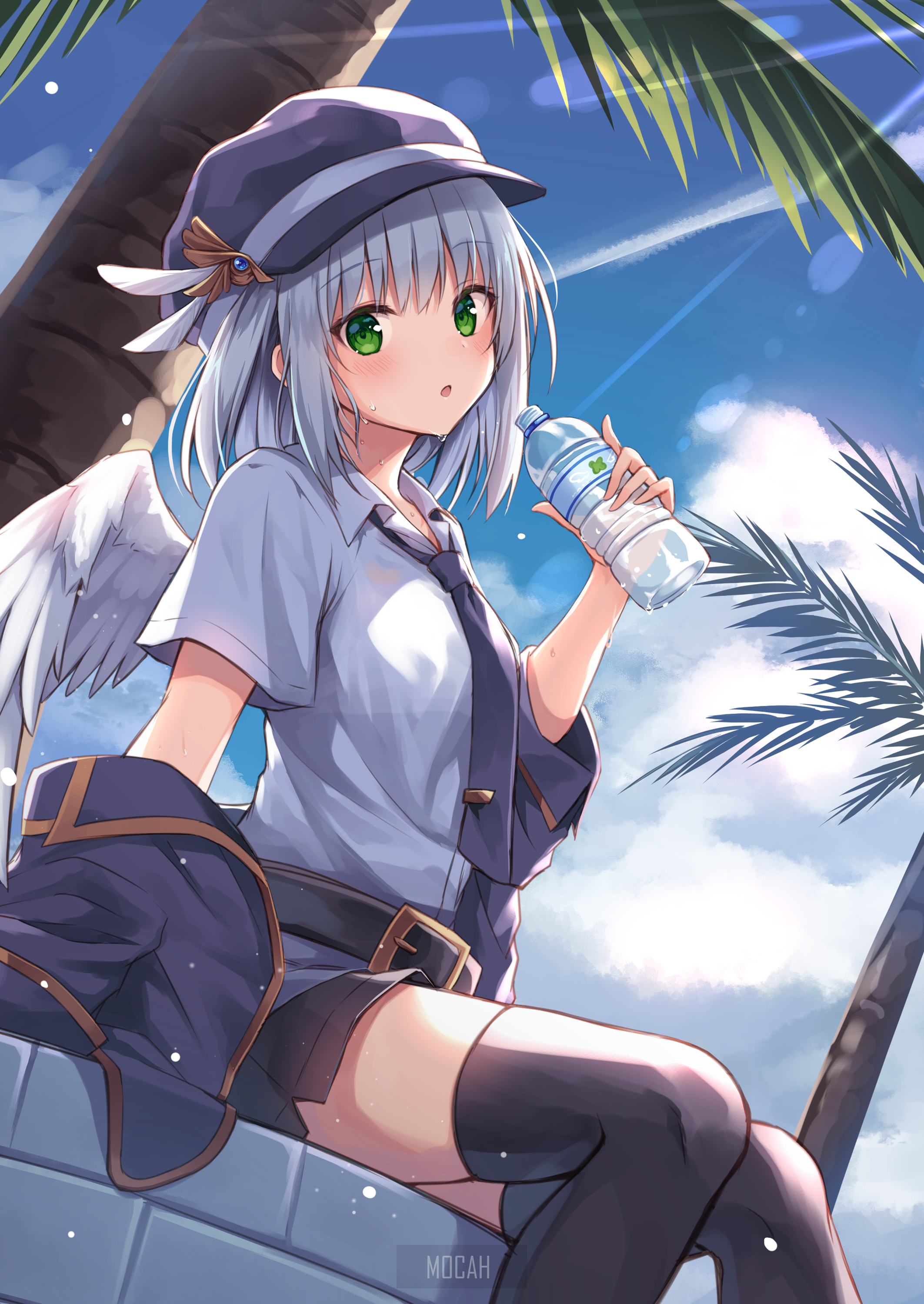 Anime girl with wings drinking water under palm trees HD Phone Wallpaper