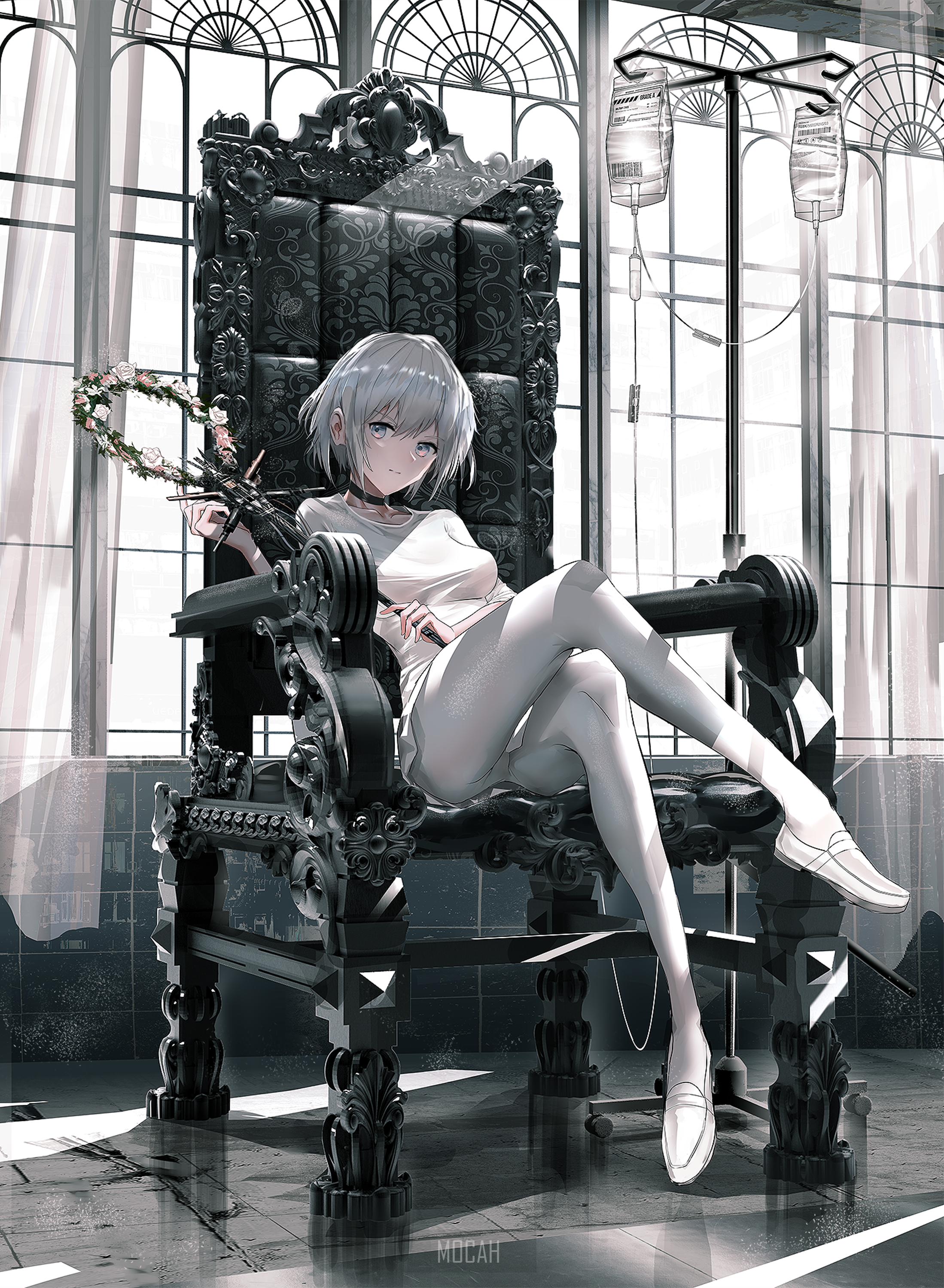 Anime Girl on Ornate Throne in Sunlit Room HD Phone Wallpaper