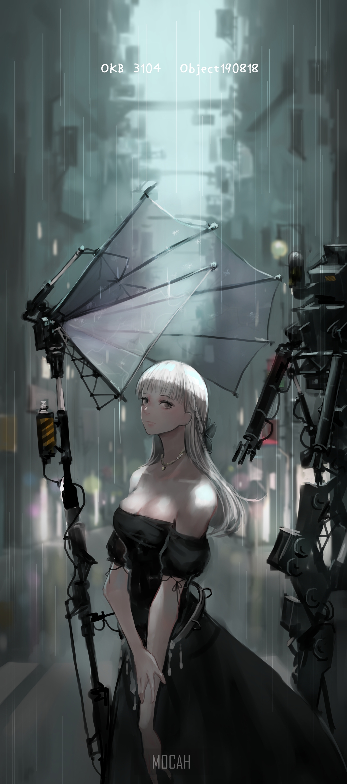 Anime girl with umbrella and robot in rain HD Phone Wallpaper
