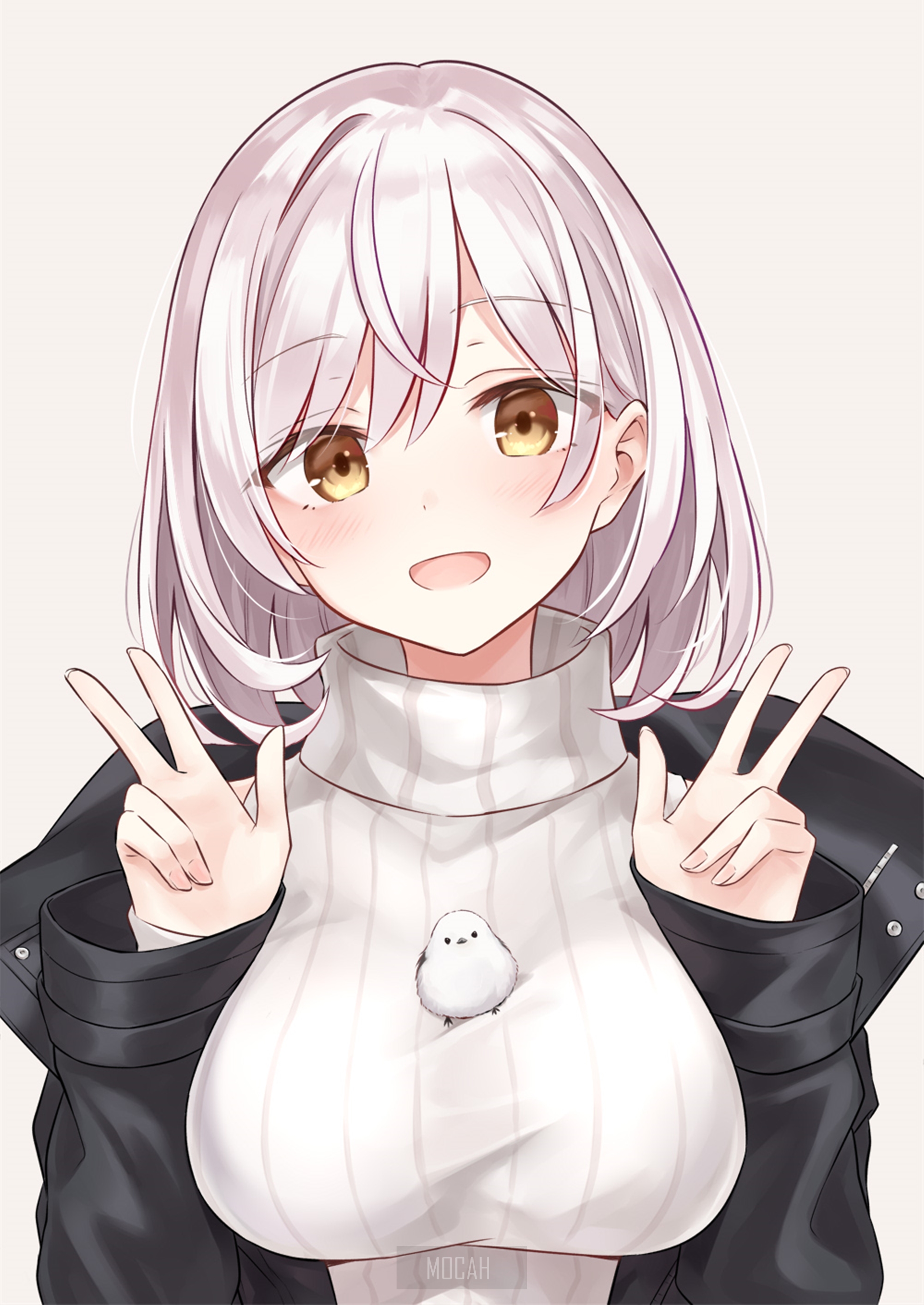 Anime girl with white hair and a bird on her sweater HD Phone Wallpaper