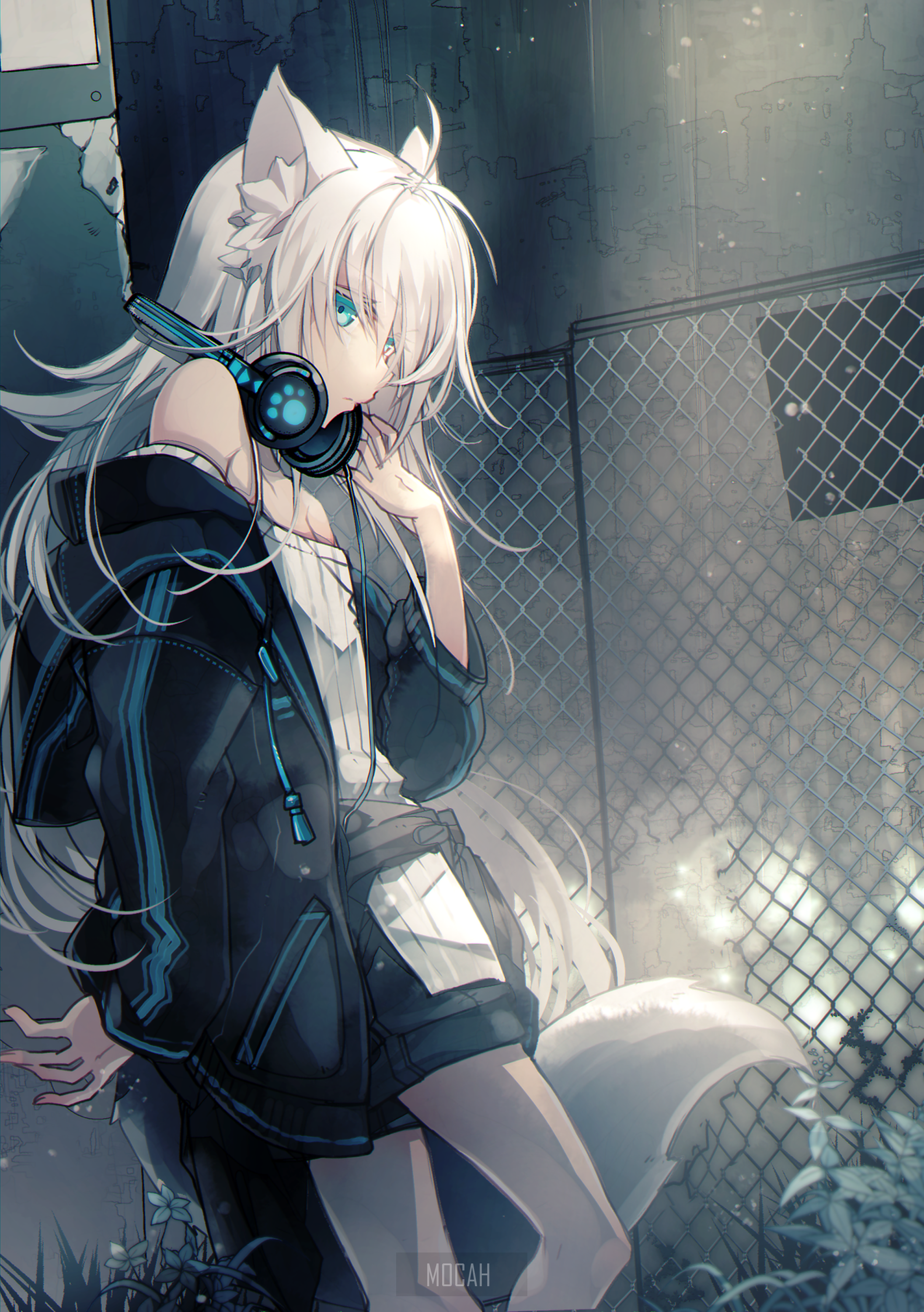 Anime girl with white hair and headphones HD Phone Wallpaper