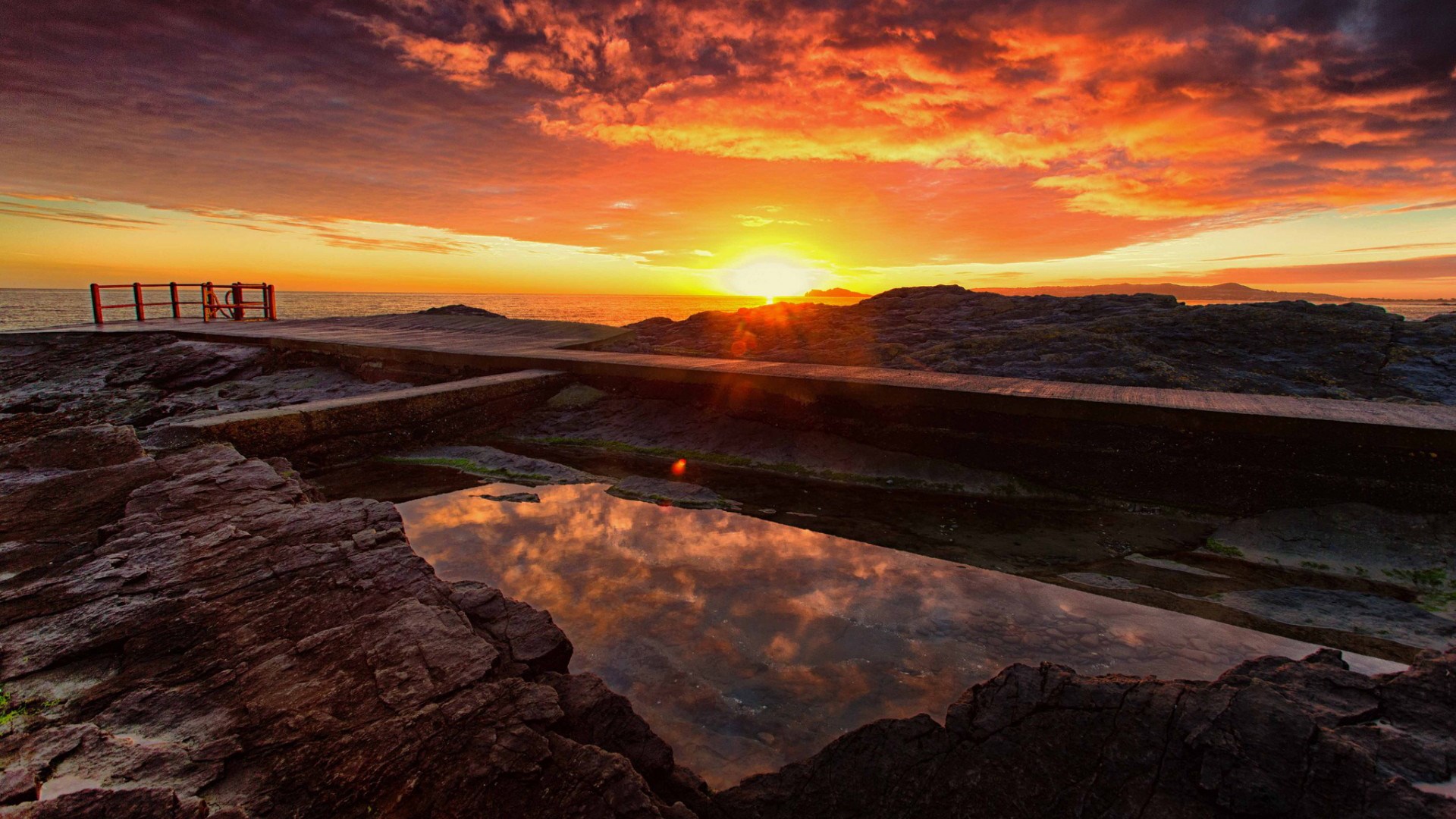Sunset over rocky coastline with tidal pool HD Wallpaper