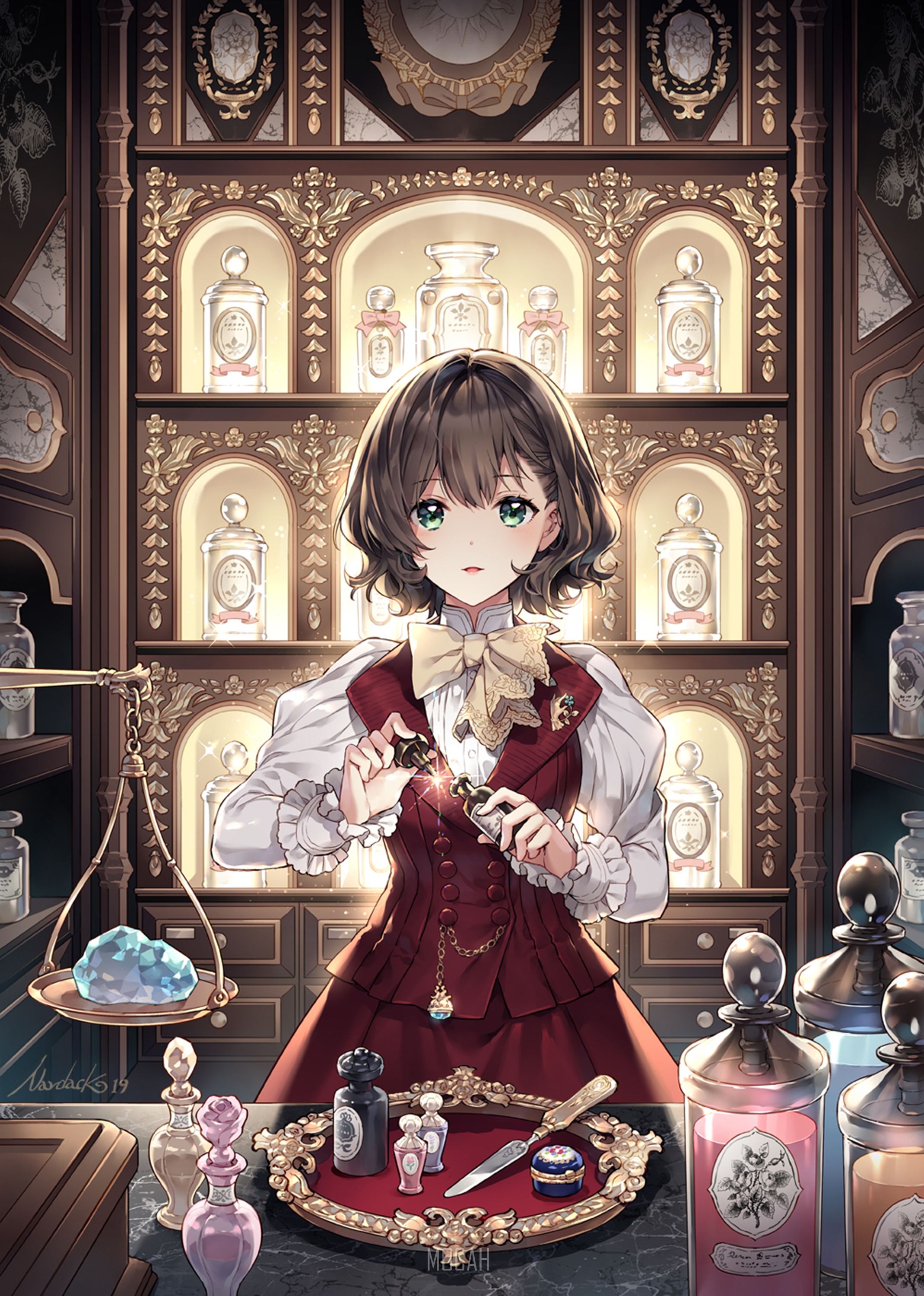 Anime girl in a perfume shop HD Phone Wallpaper