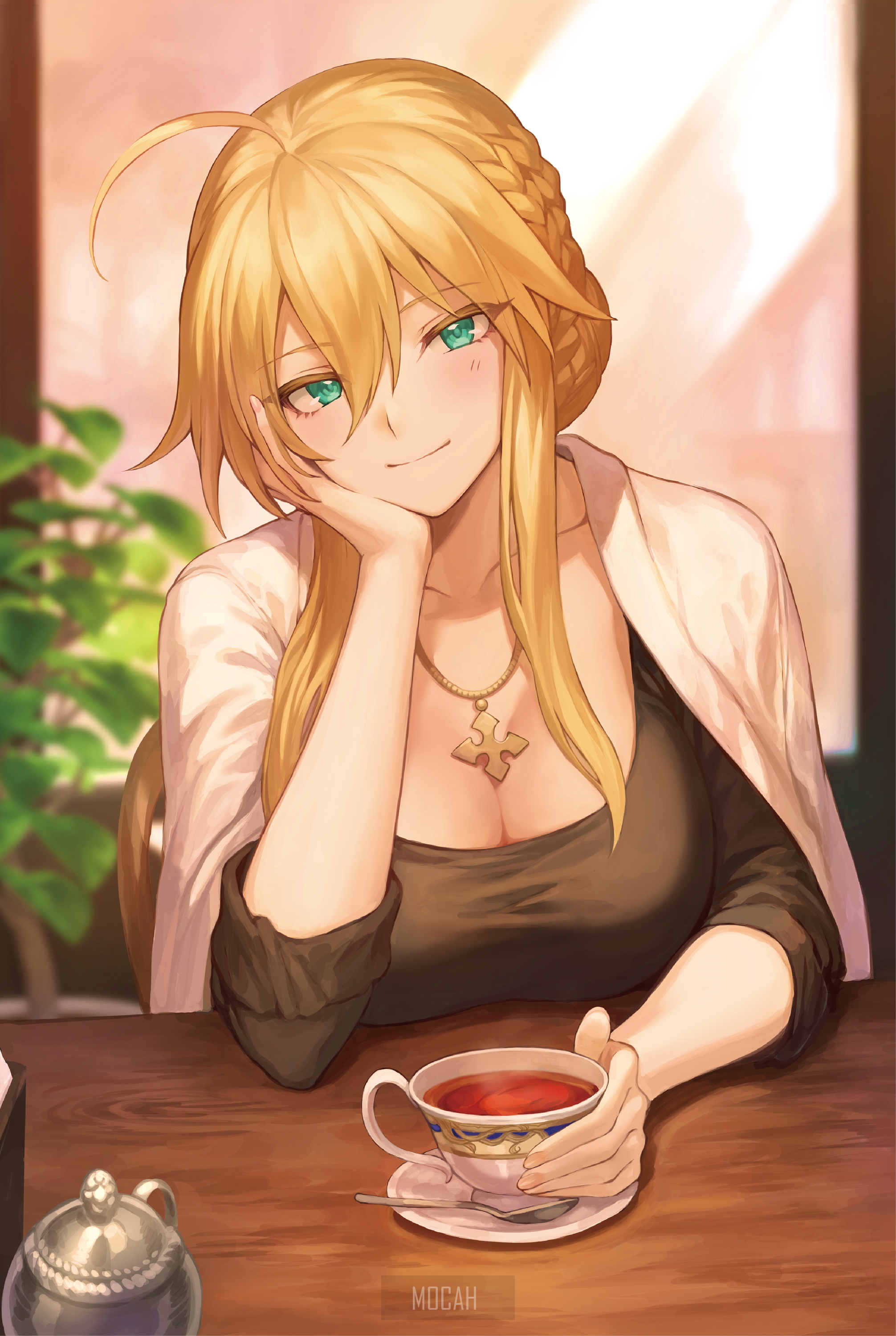 Anime girl with blonde hair and blue eyes drinking tea HD Phone Wallpaper