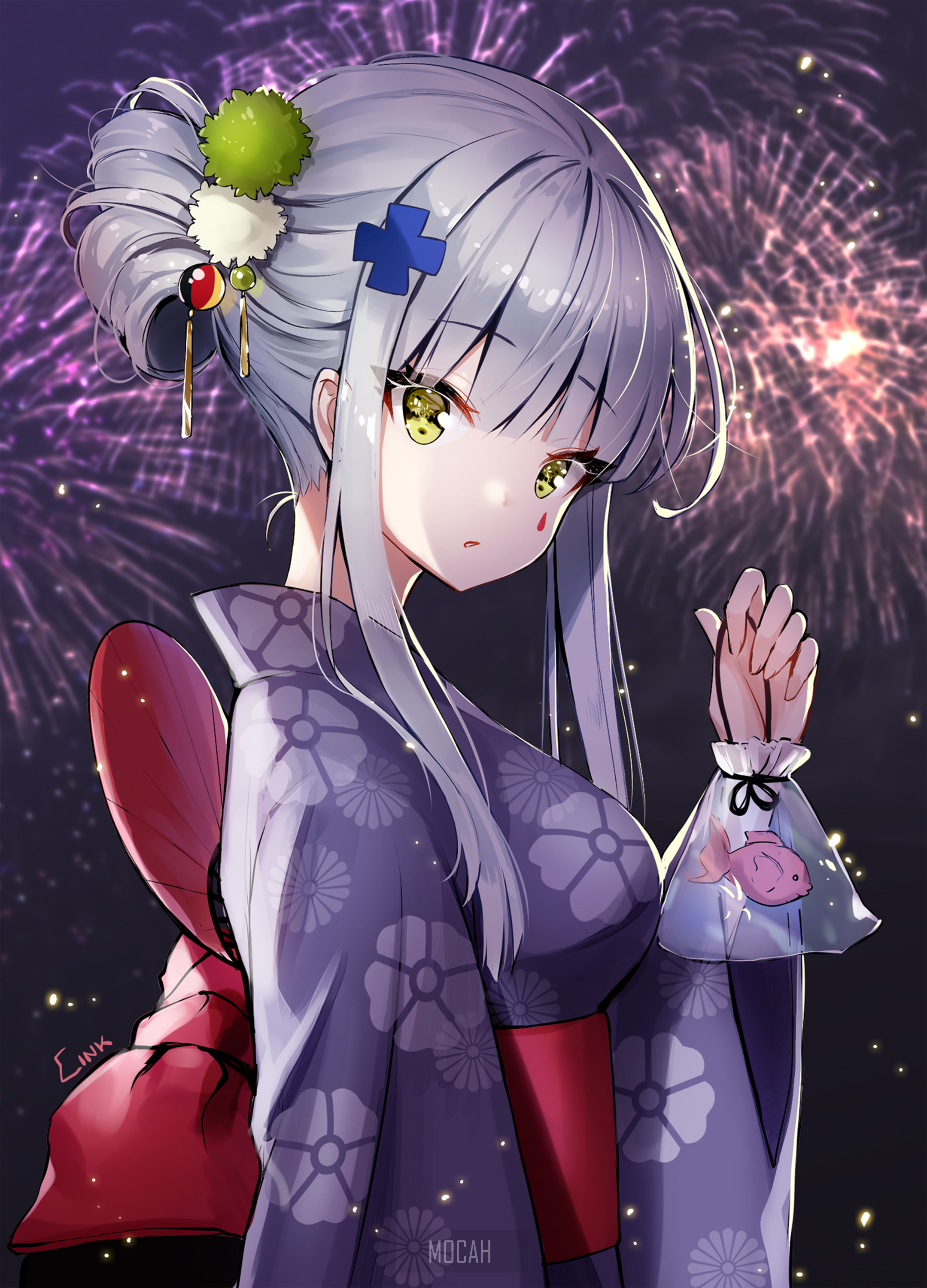 HK416 from Girls Frontline in a Yukata with Fireworks HD Phone Wallpaper