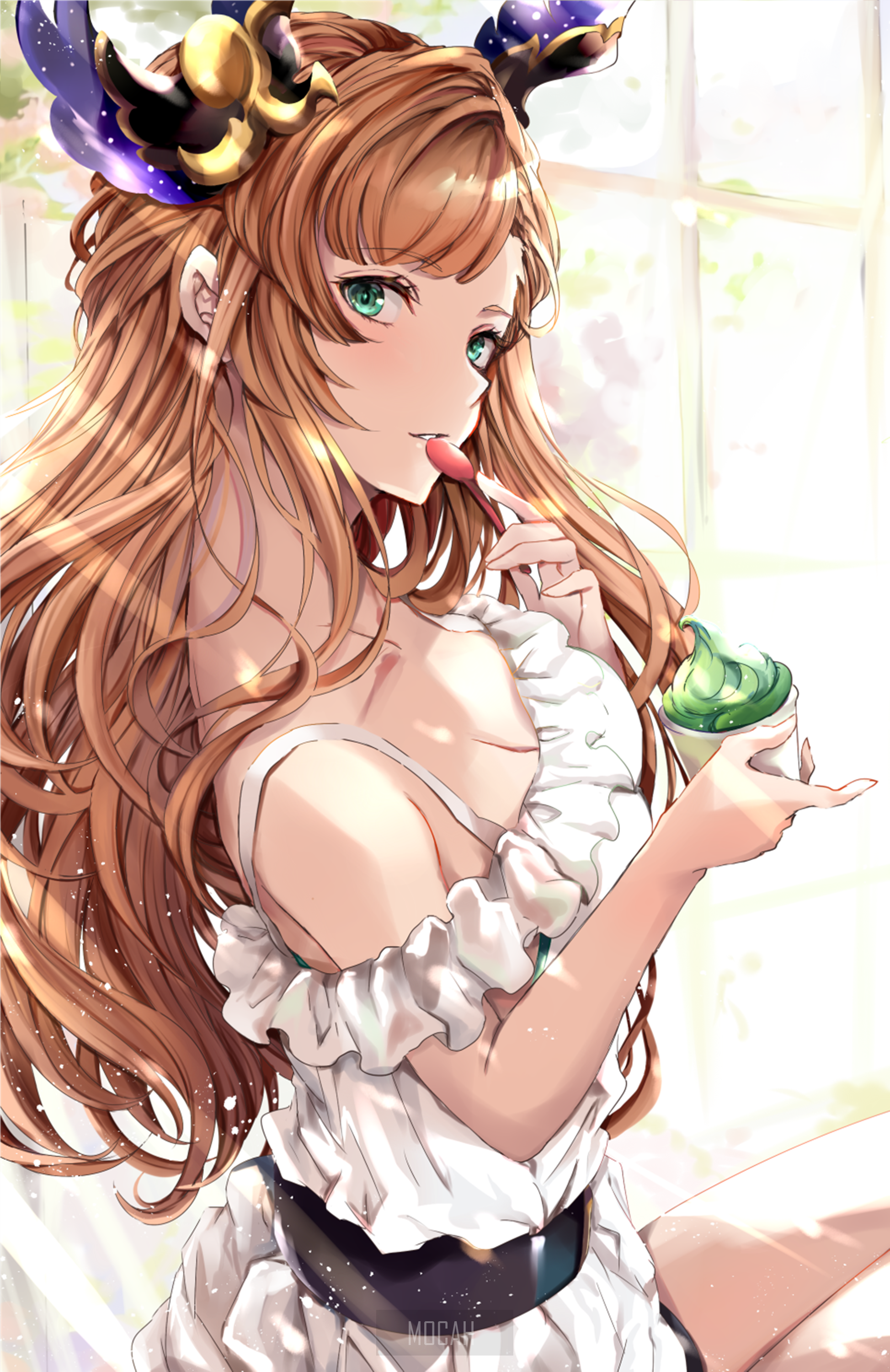 Anime girl with long brown hair eating ice cream HD Phone Wallpaper