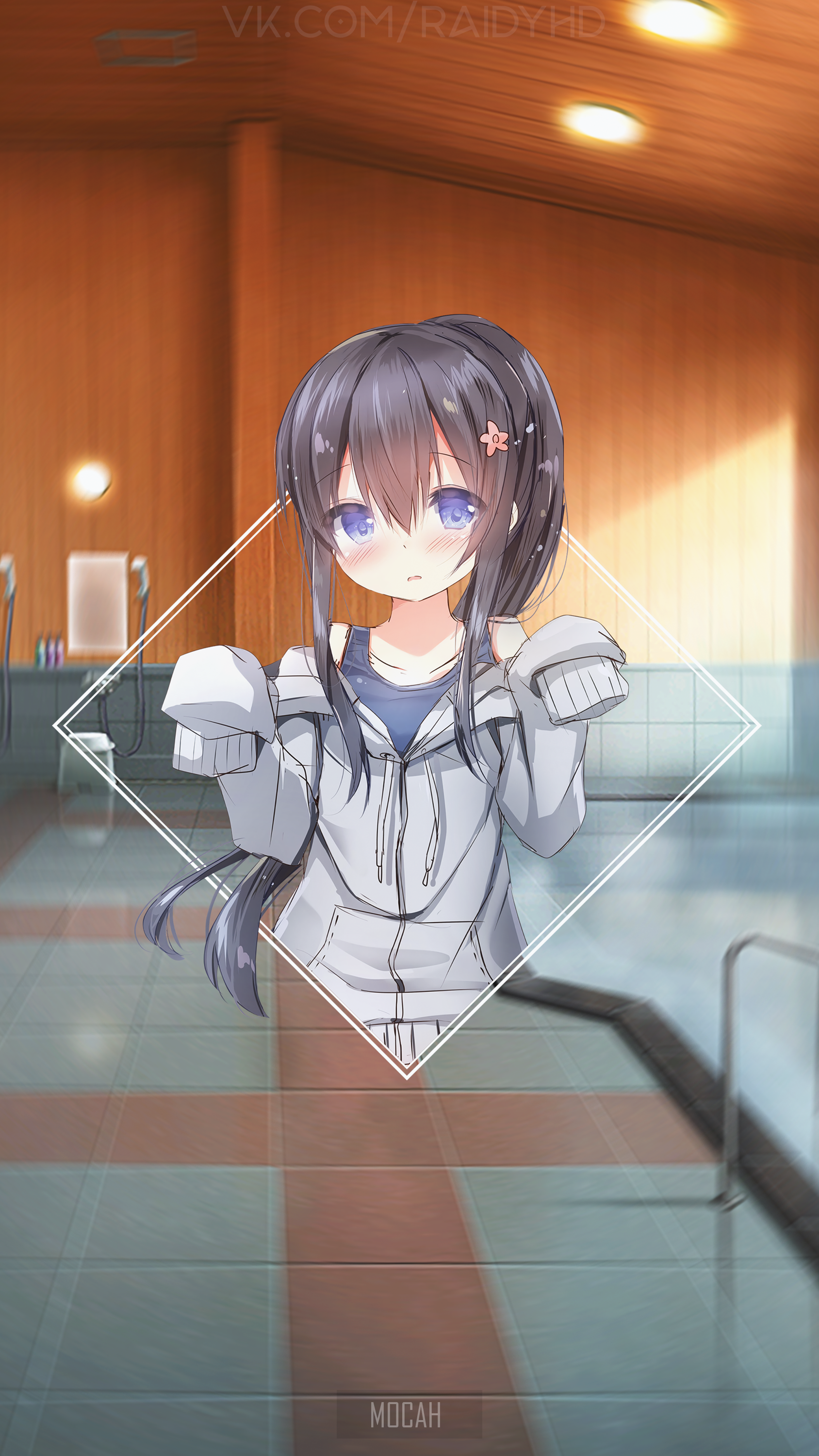 Anime girl in a hoodie in a locker room HD Phone Wallpaper