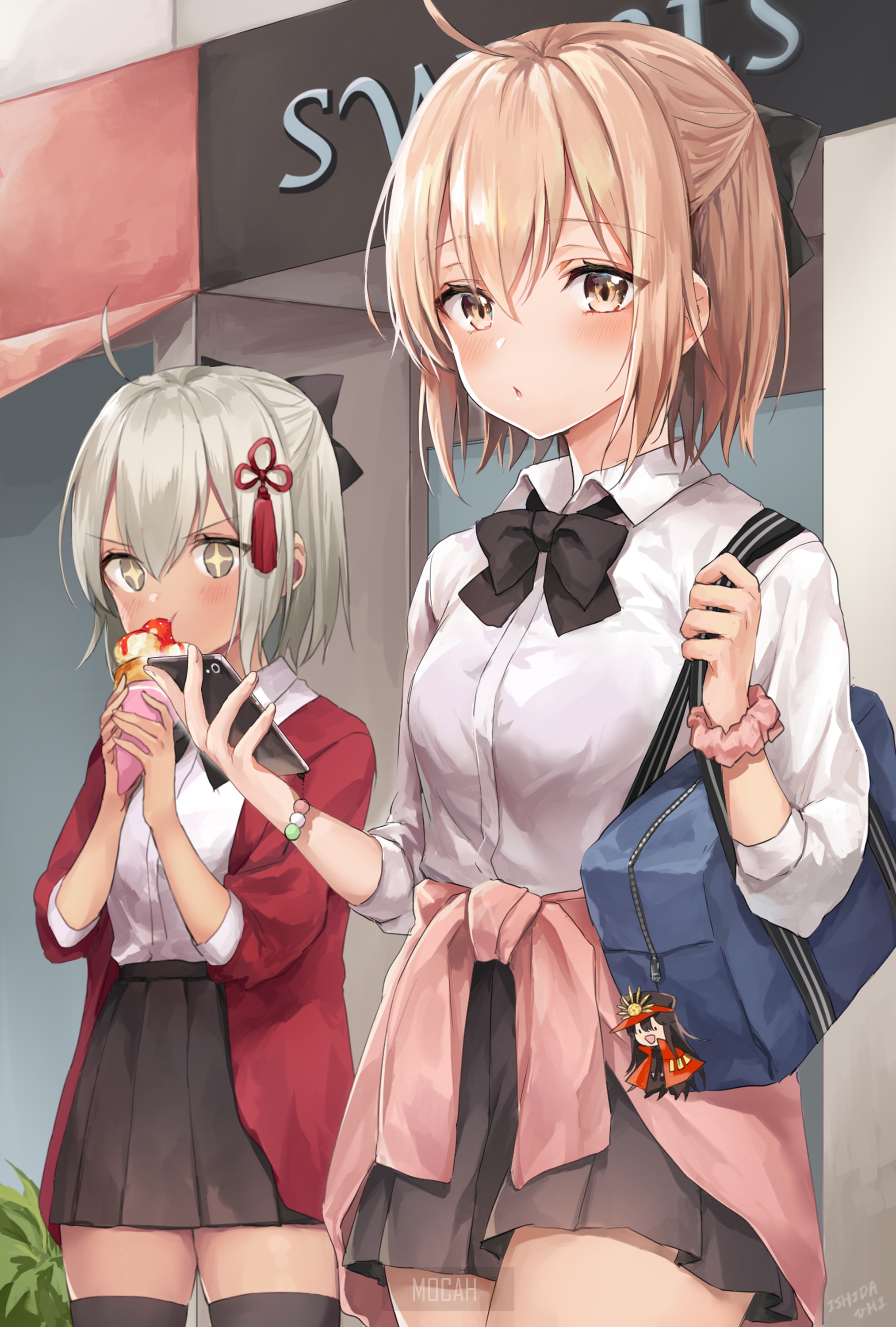 Two anime girls in school uniforms with sweets HD Phone Wallpaper