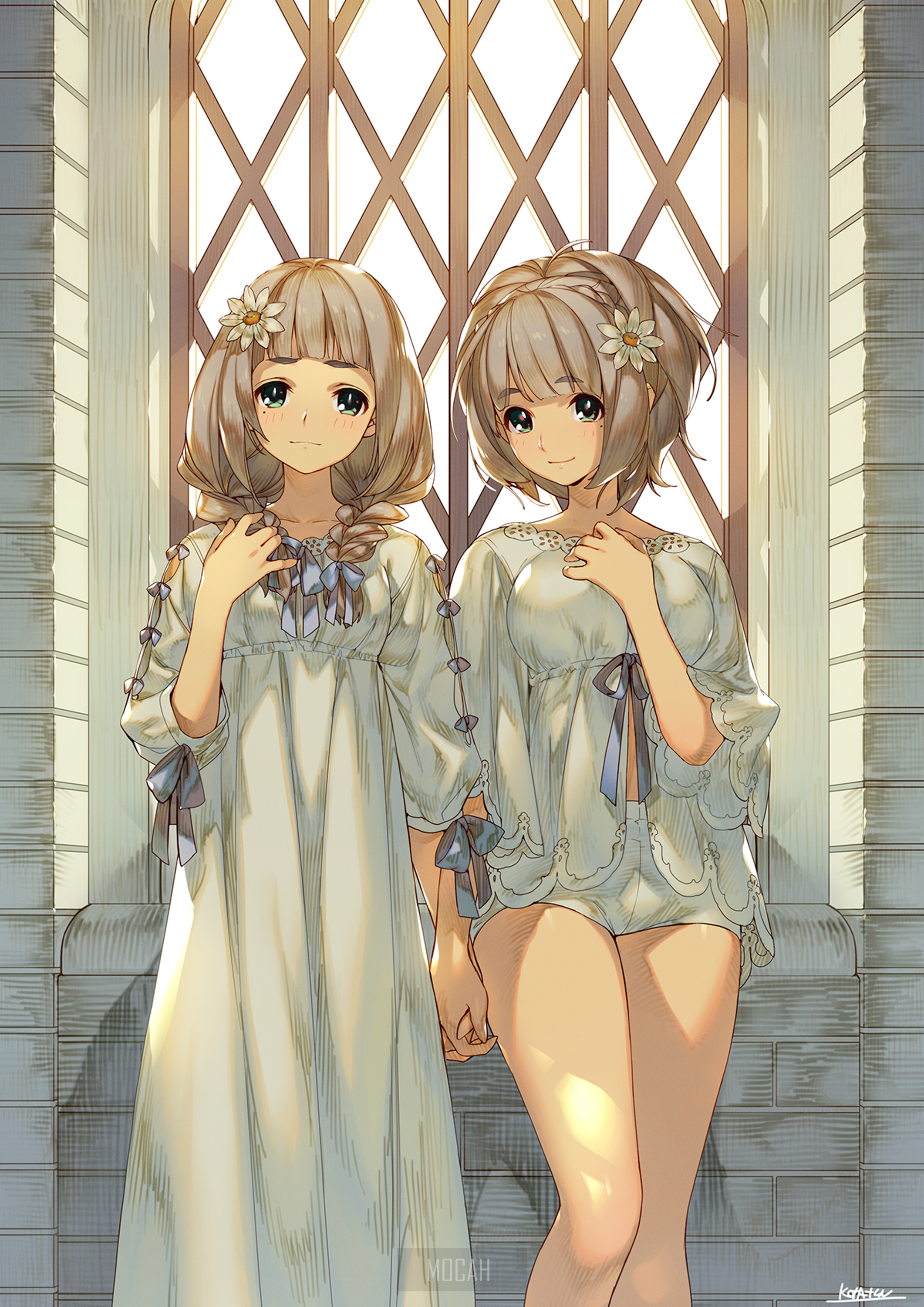 Two anime girls in white dresses holding hands HD Phone Wallpaper