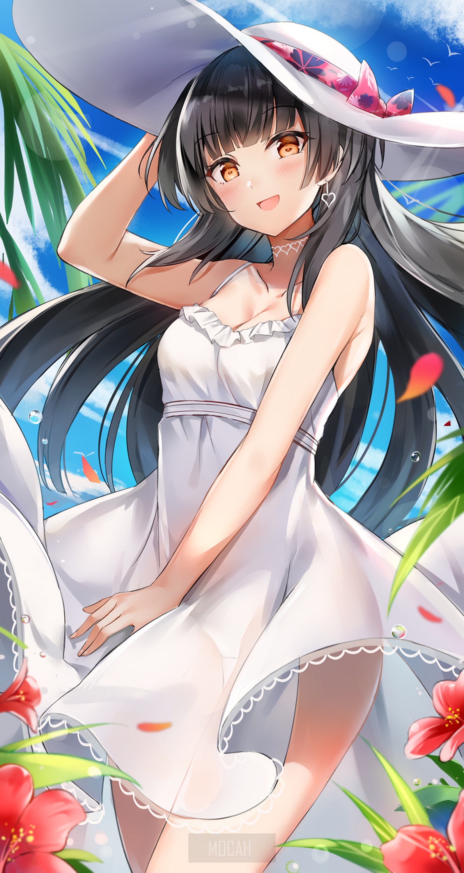 Anime girl in white dress and sun hat HD Phone Wallpaper