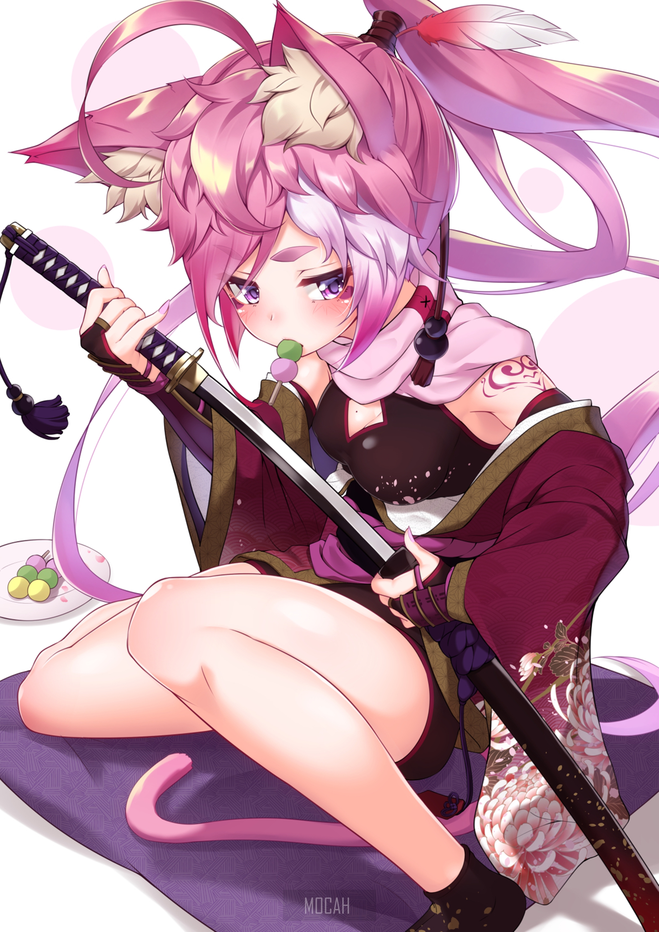 Anime girl with pink hair and cat ears holding a katana HD Phone Wallpaper