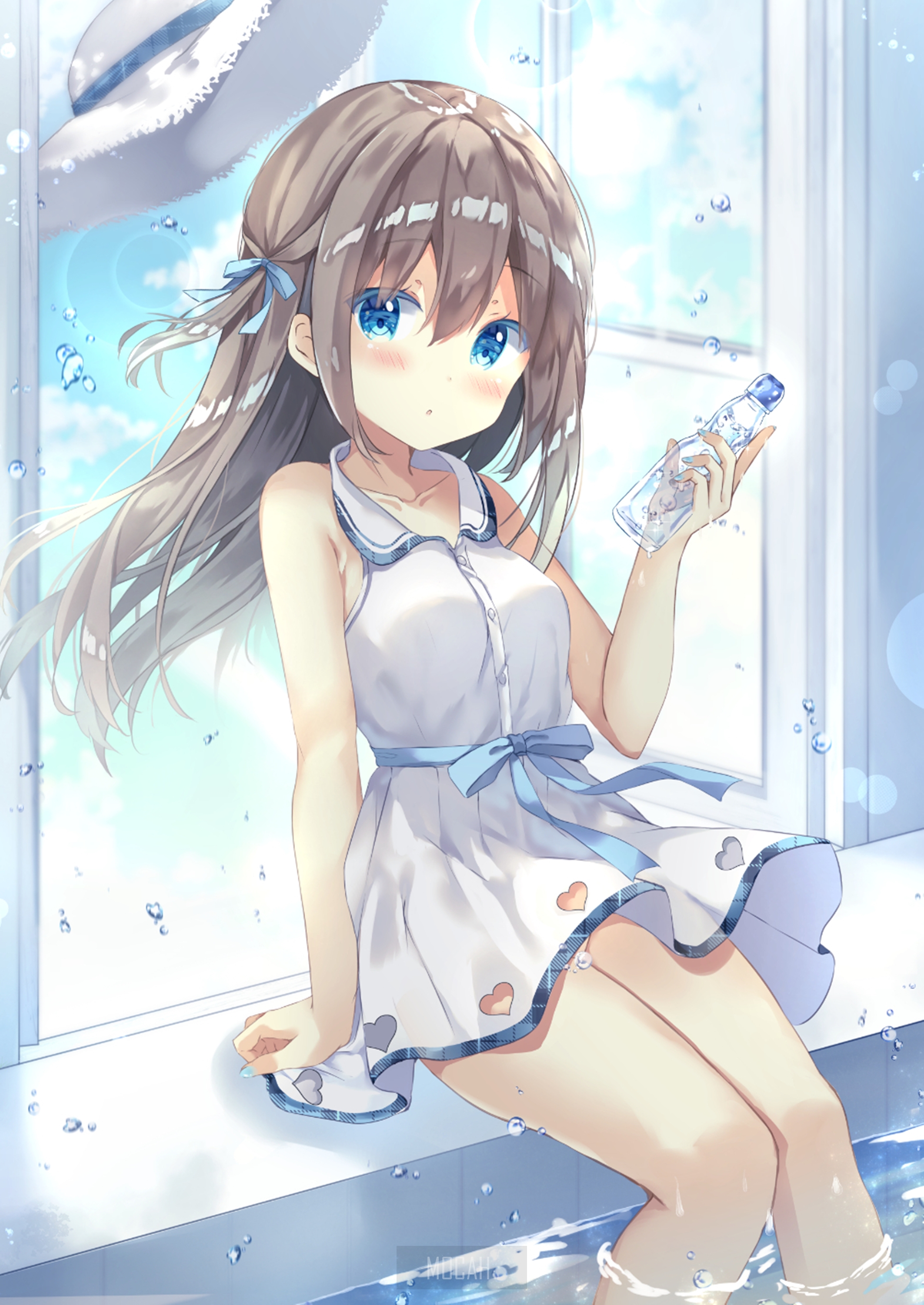 Anime girl in white dress holding a bottle HD Phone Wallpaper