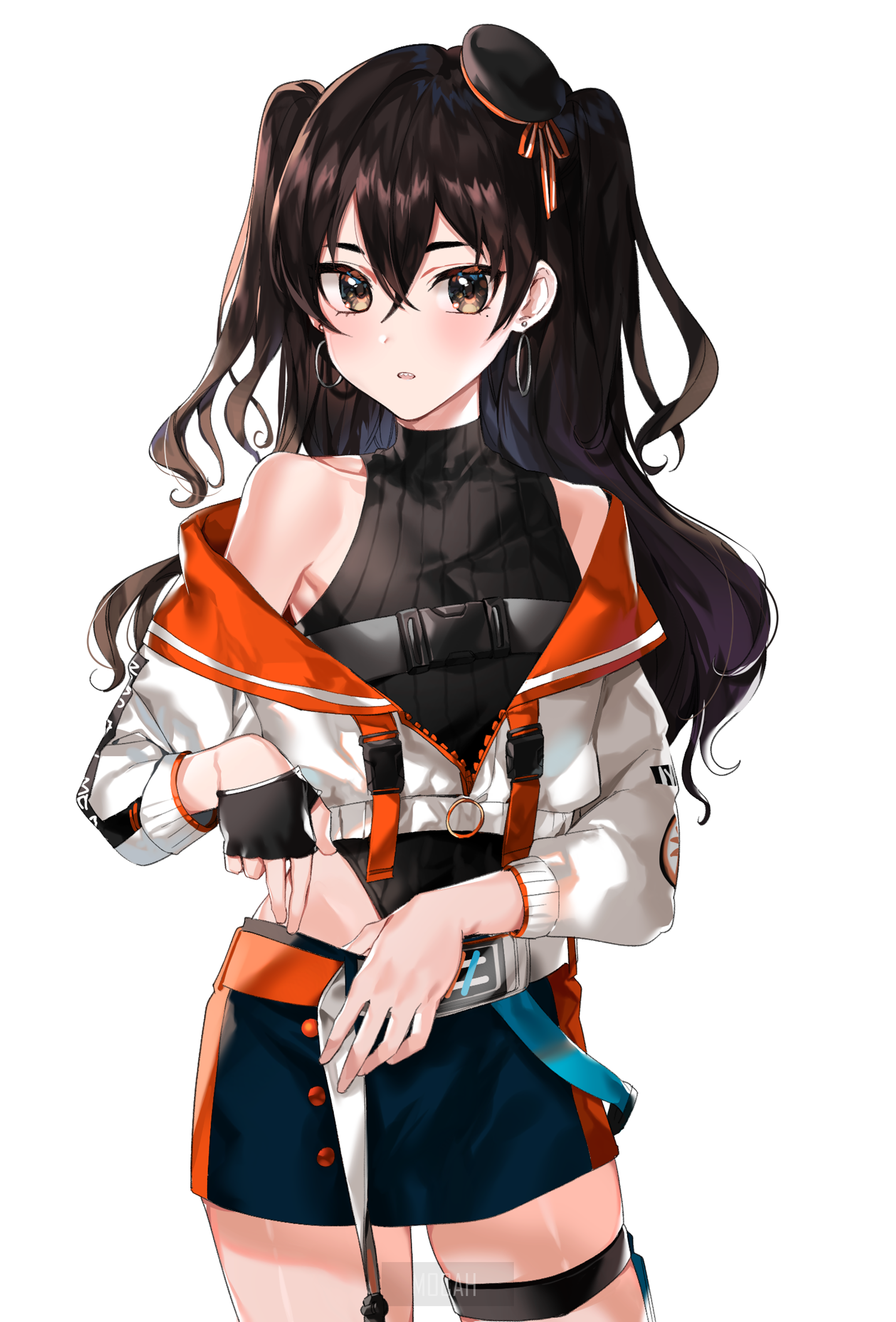 Anime girl with black pigtails and orange jacket HD Phone Wallpaper