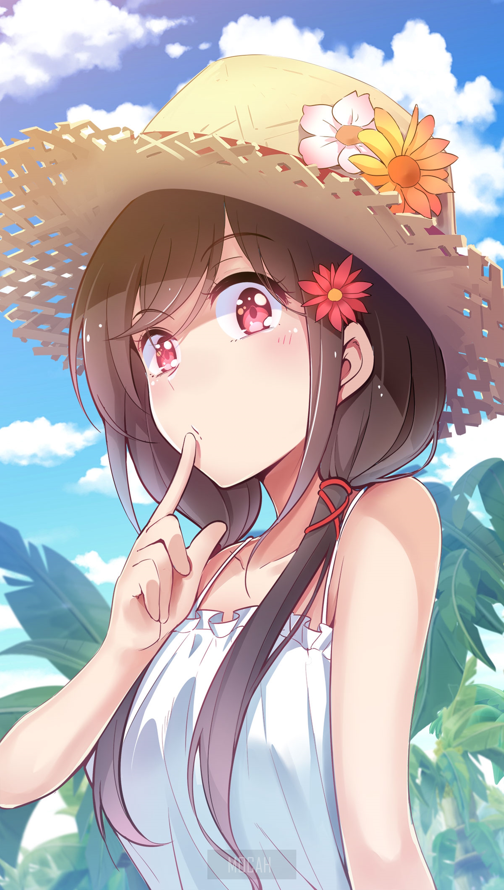 Anime girl with straw hat and flowers HD Phone Wallpaper