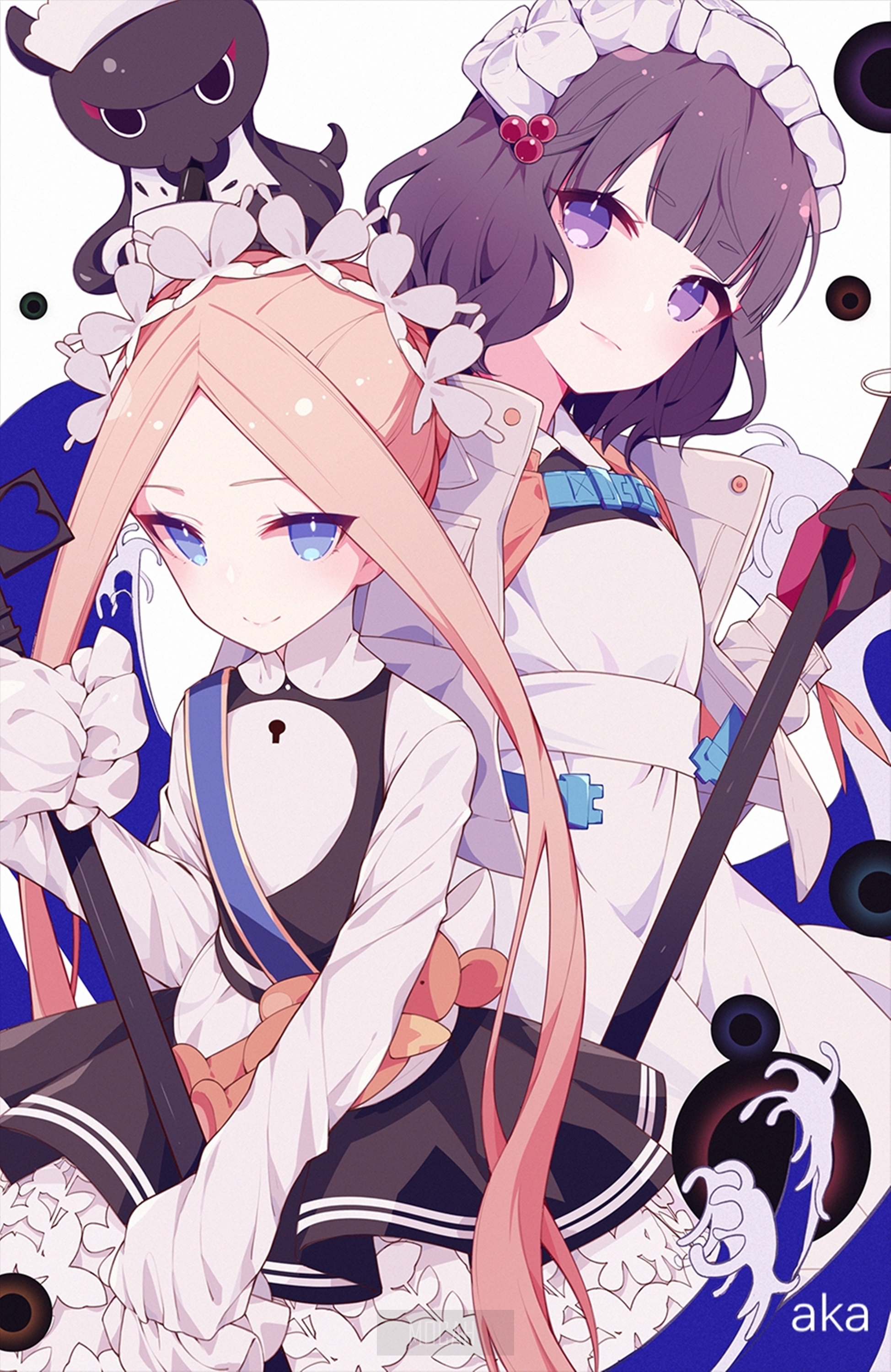 Two anime girls with a creature HD Phone Wallpaper