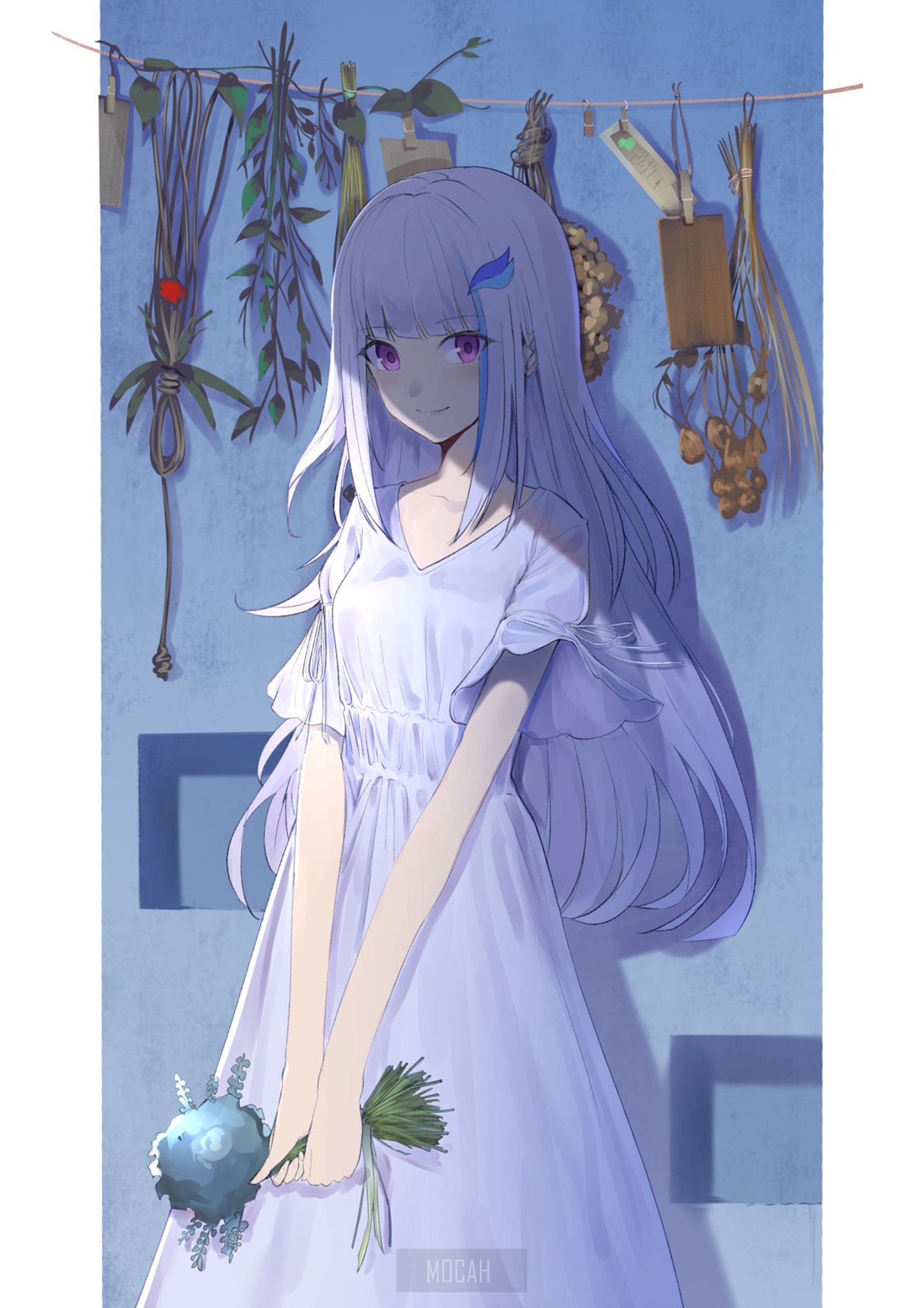 Anime girl in white dress holding flowers HD Phone Wallpaper