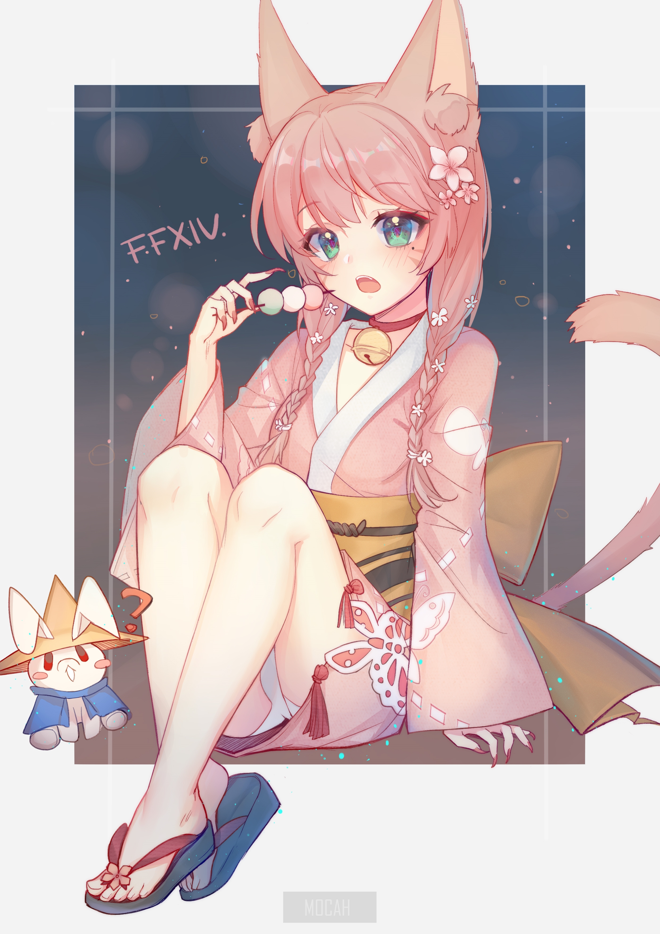 Miqo'te girl from FFXIV eating dango with a carbuncle HD Phone Wallpaper