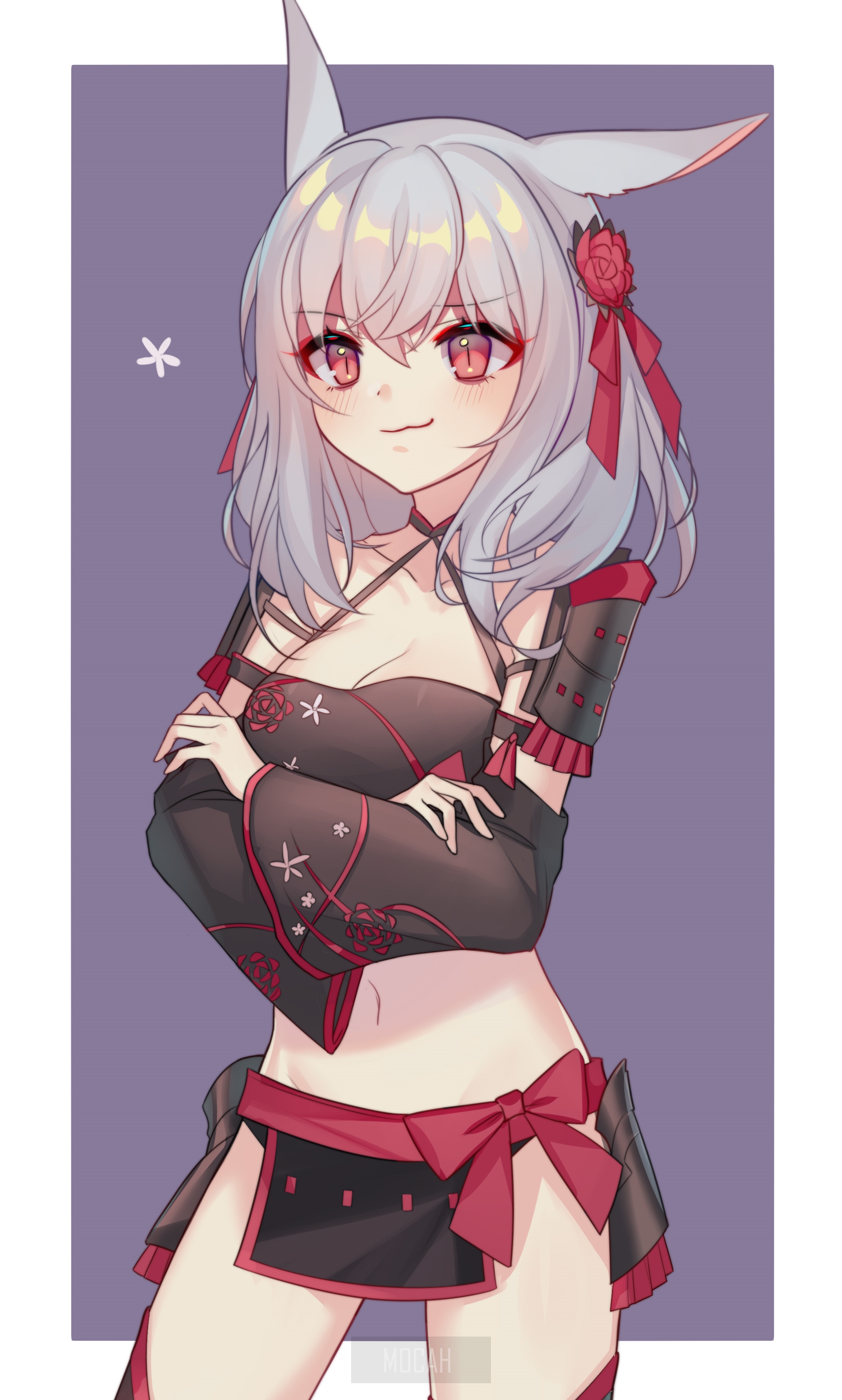 Anime girl with fox ears and red accents HD Phone Wallpaper