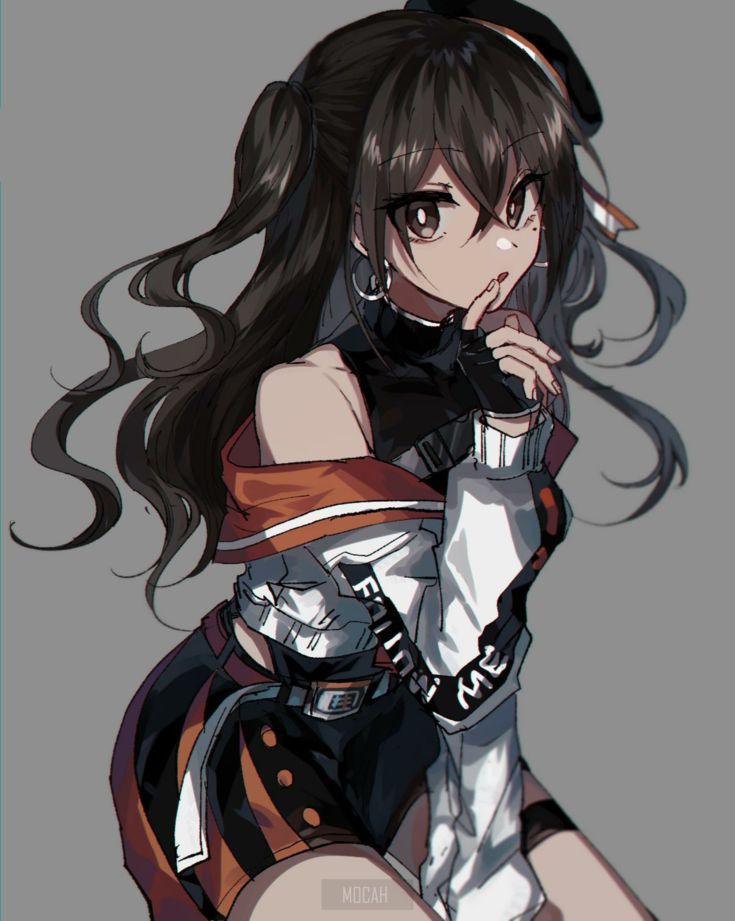 Anime girl with dark hair and orange jacket HD Phone Wallpaper