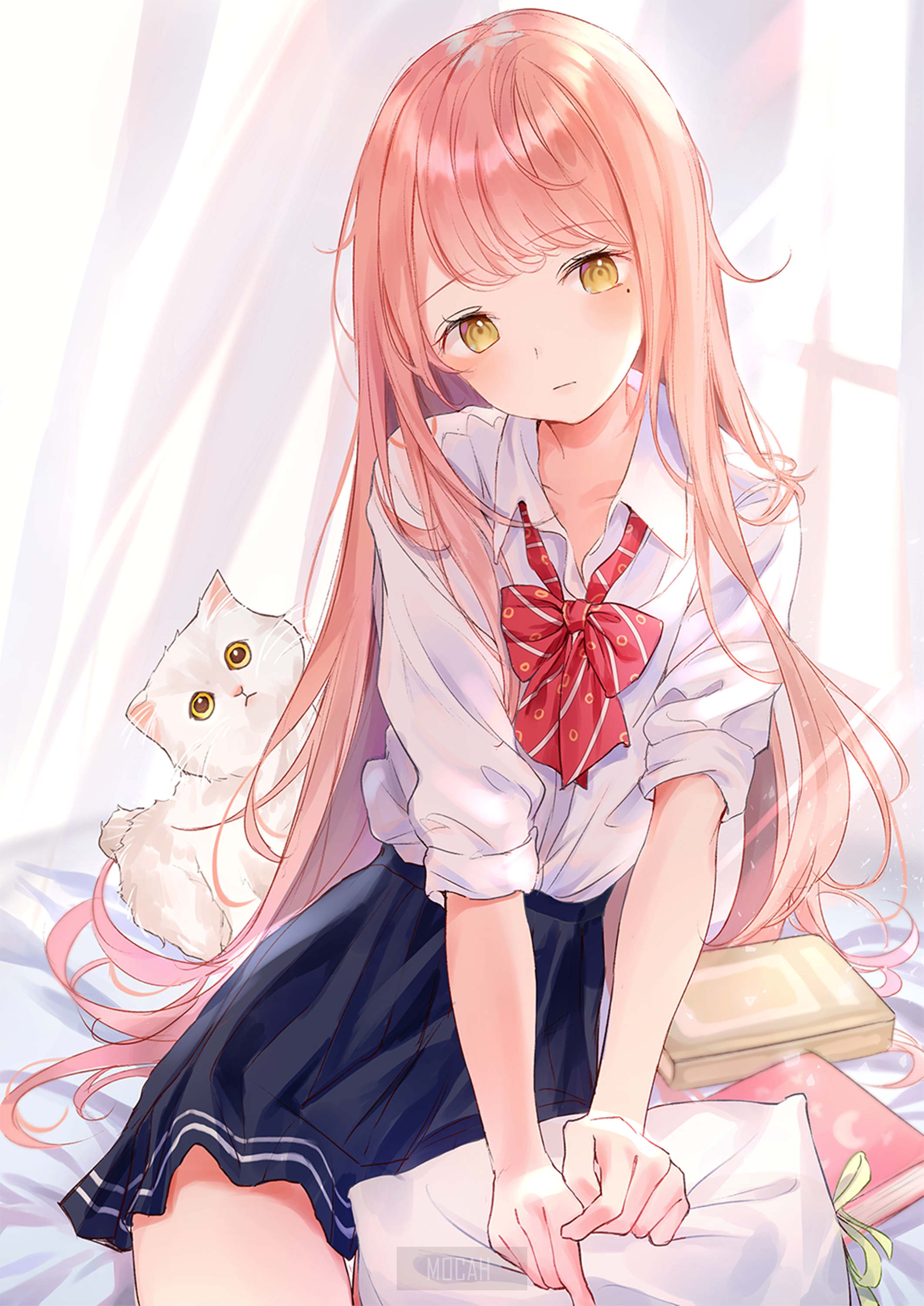 Anime Girl with Cat in Soft Light HD Phone Wallpaper