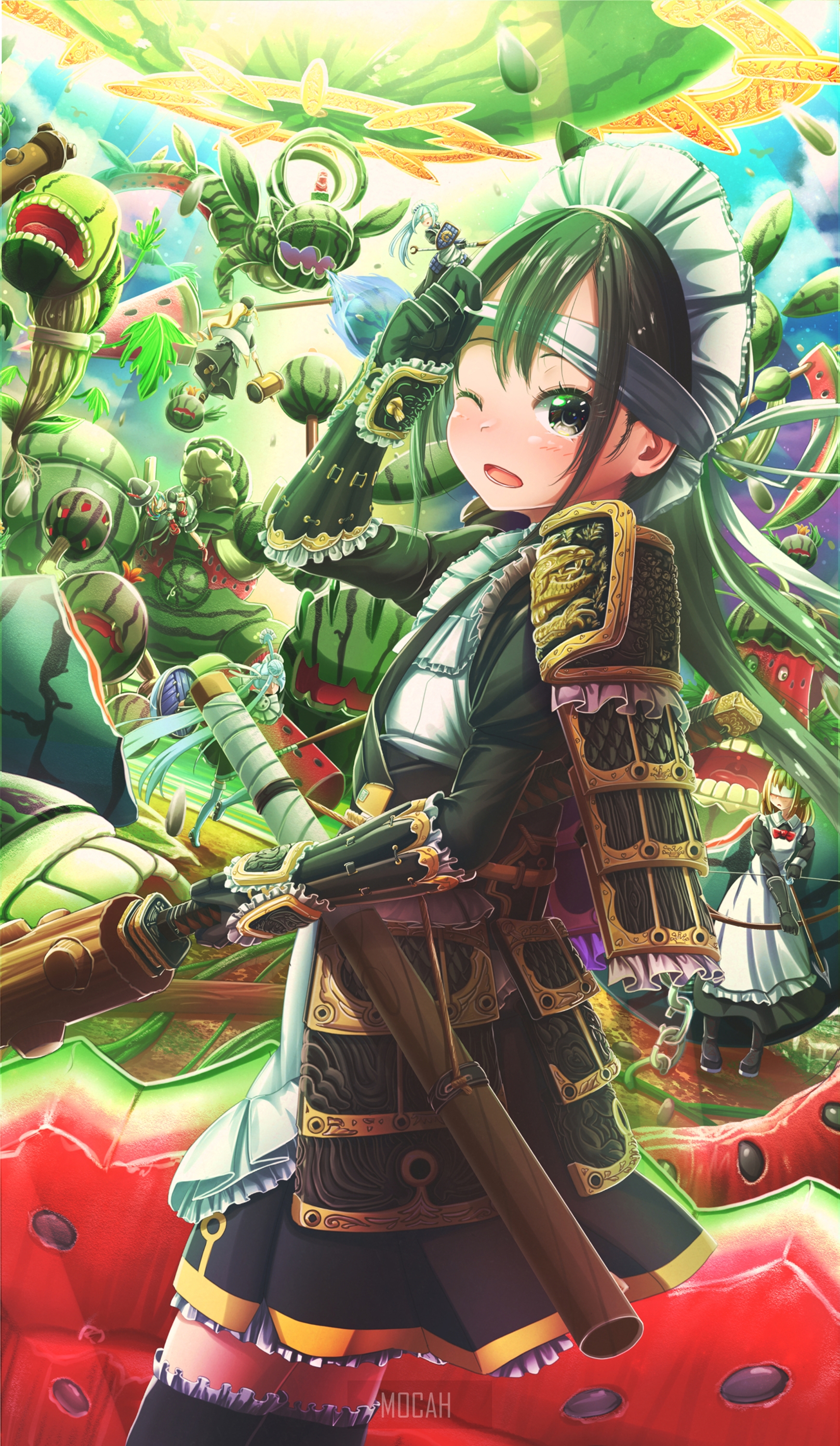 Anime girl in samurai armor with watermelons HD Phone Wallpaper