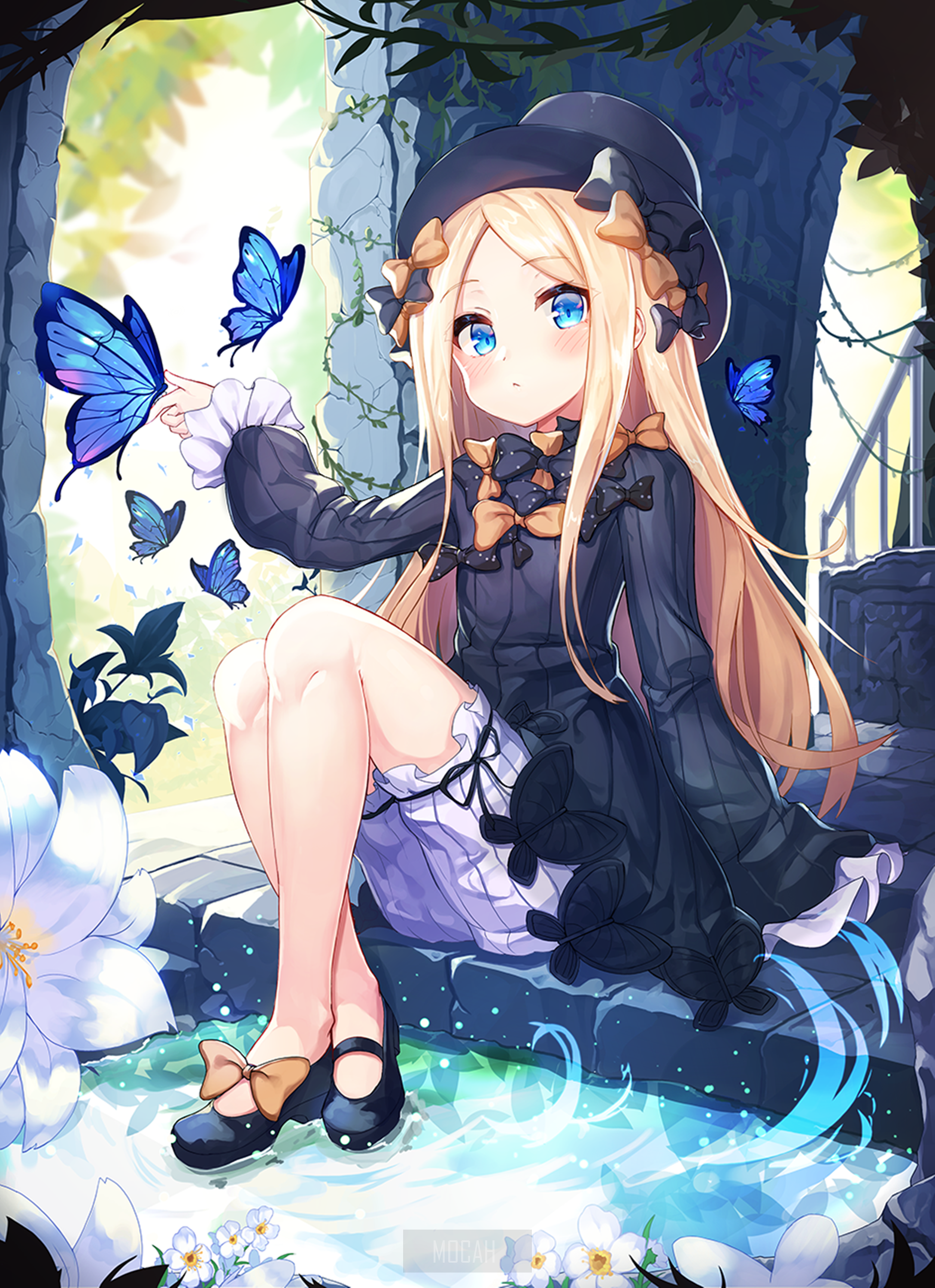 Anime girl with blue butterflies in a garden HD Phone Wallpaper