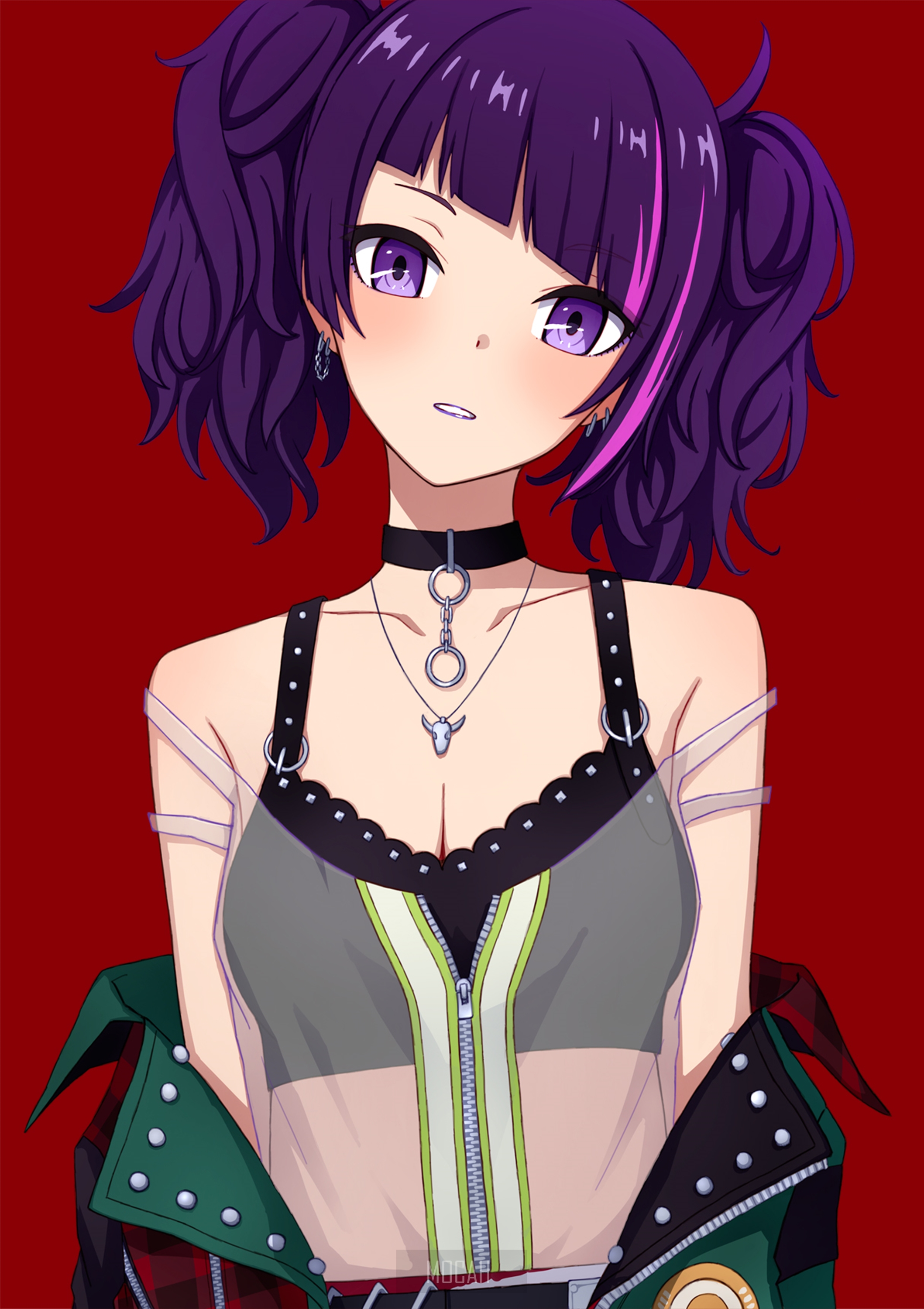 Anime girl with purple pigtails and choker HD Phone Wallpaper