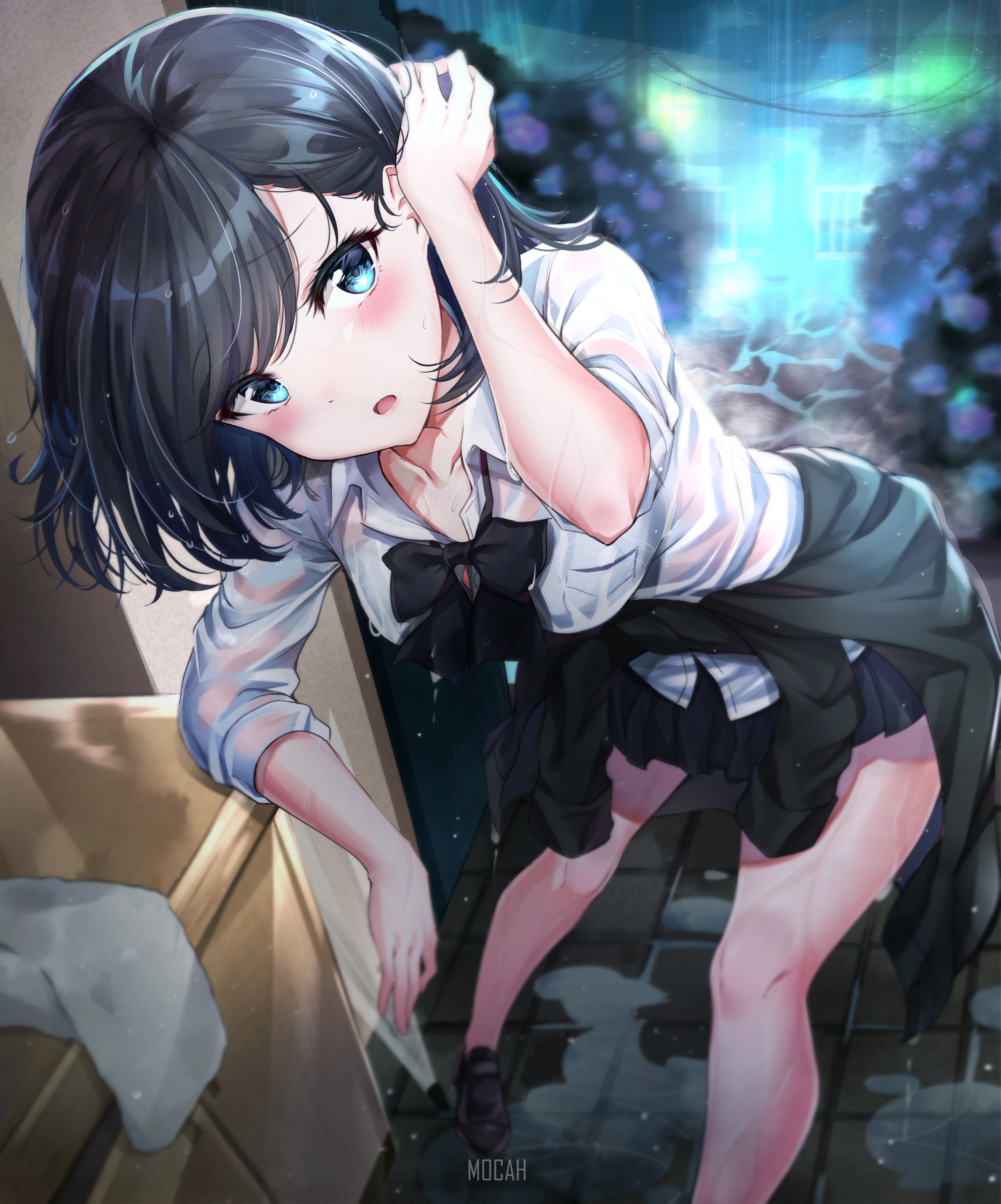 Anime girl in school uniform in the rain HD Phone Wallpaper