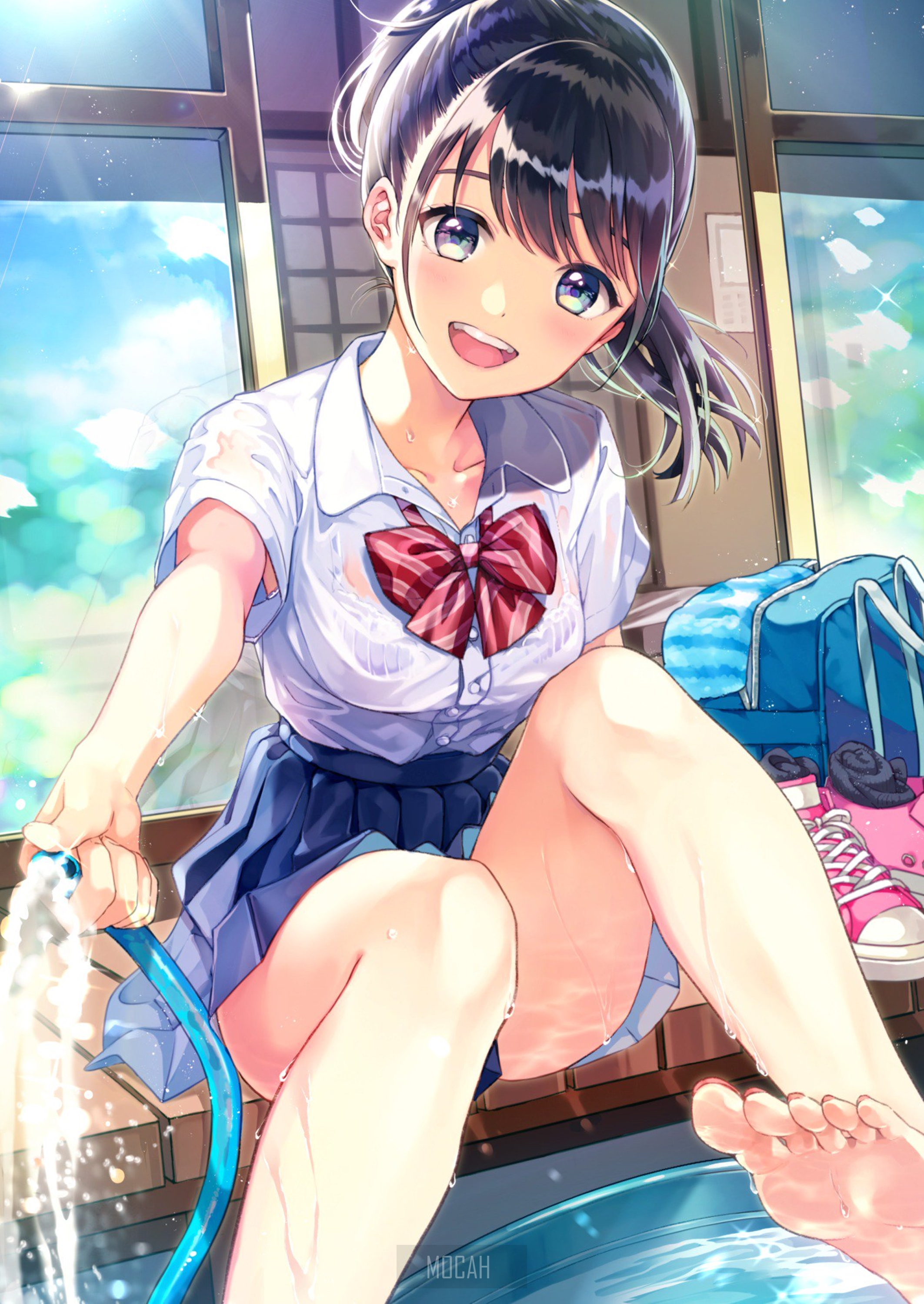 Anime girl in school uniform with hose HD Phone Wallpaper