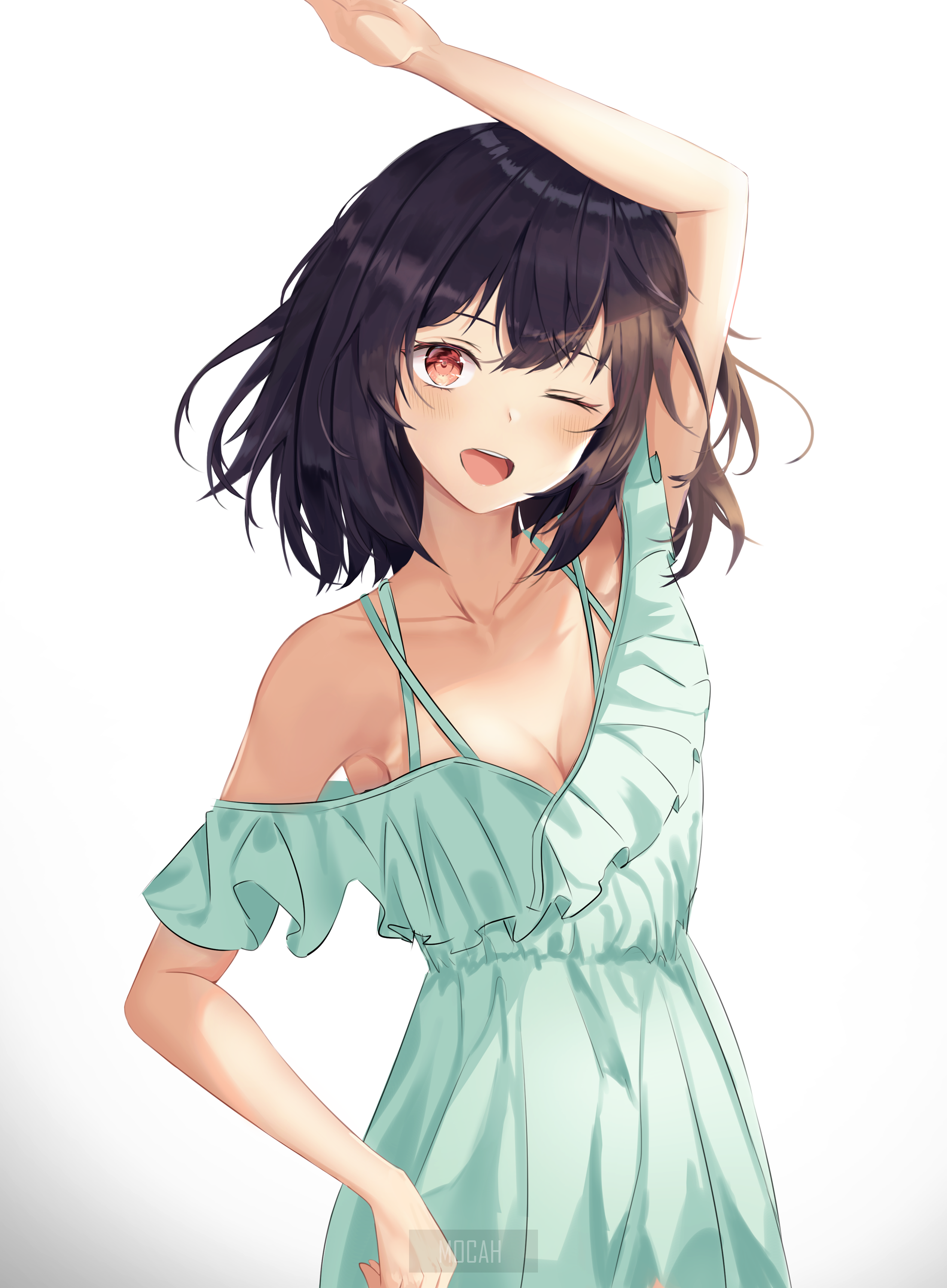 Cheerful Anime Girl in Light Blue Dress HD Phone Wallpaper