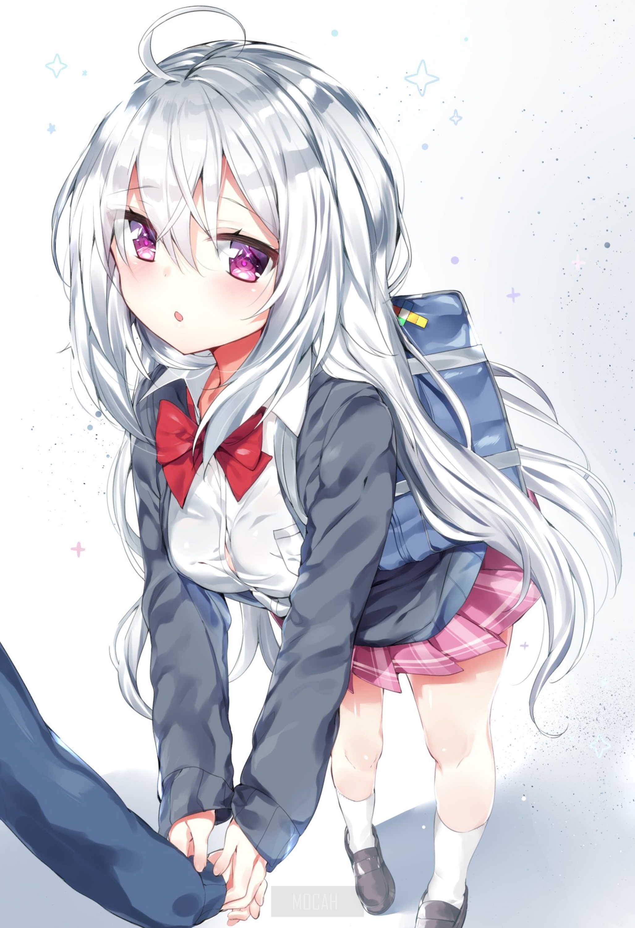 Anime girl with white hair and pink eyes holding hands HD Phone Wallpaper