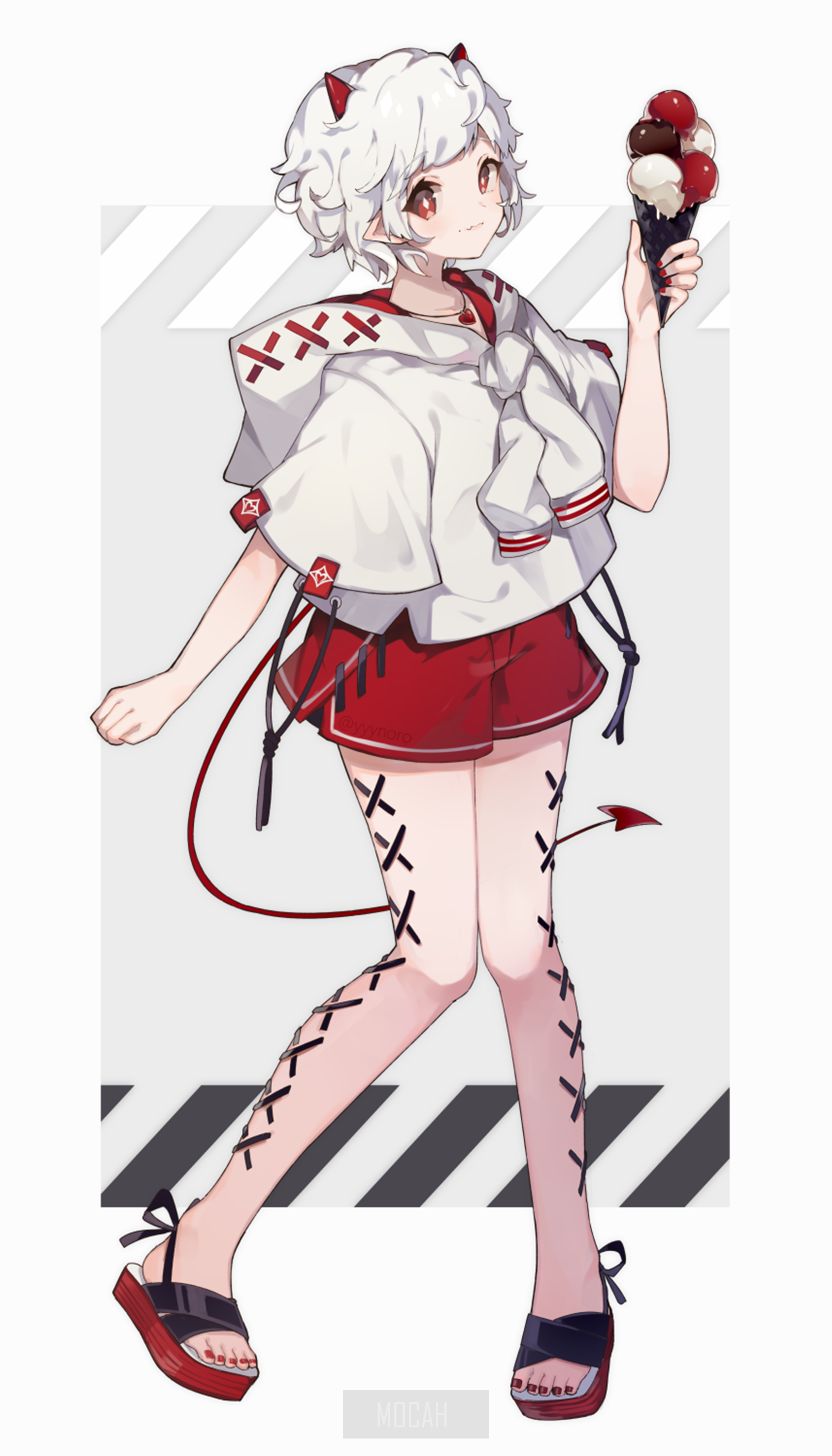 Anime girl with white hair and red shorts holding ice cream HD Phone Wallpaper