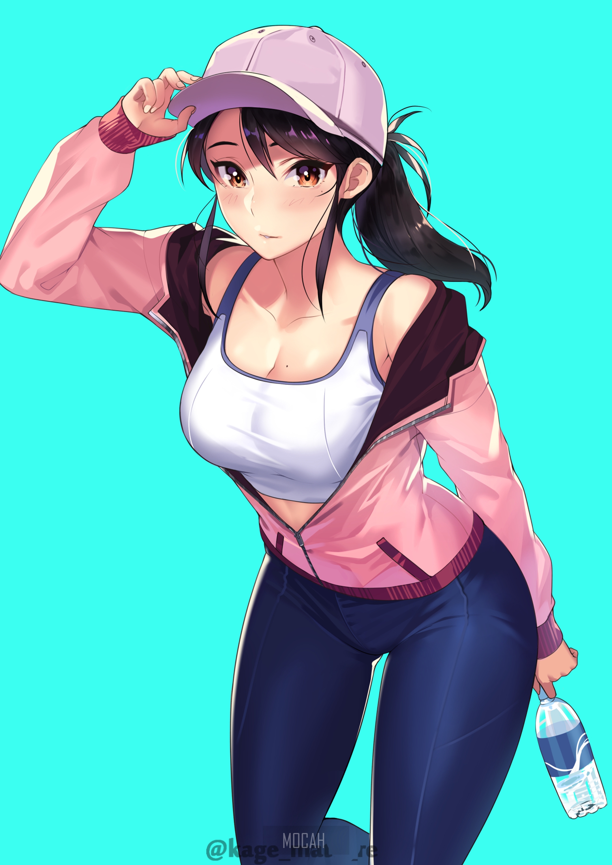 Anime girl in sportswear holding a water bottle HD Phone Wallpaper