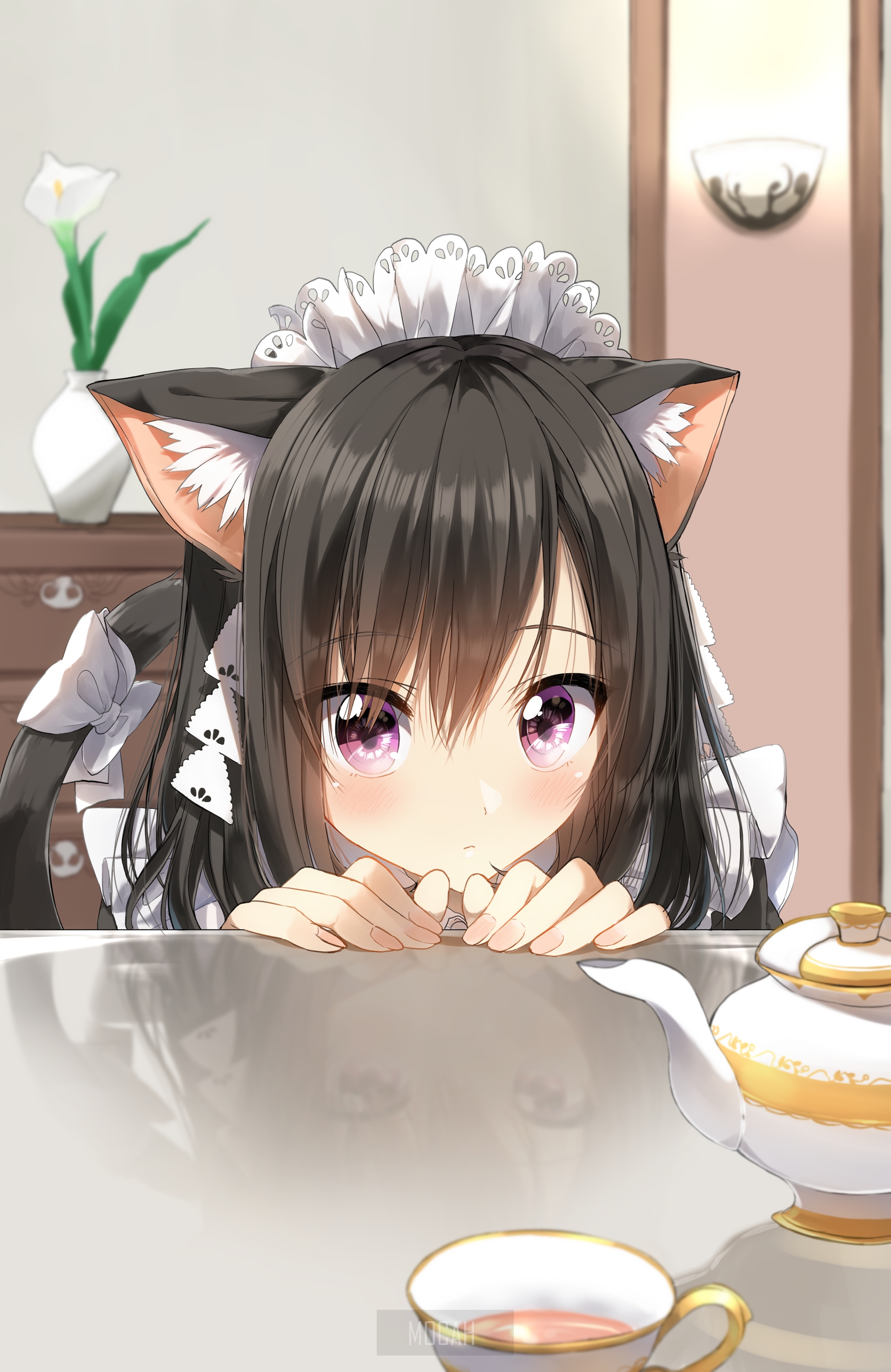 Anime Cat Girl Maid with Tea Set HD Phone Wallpaper