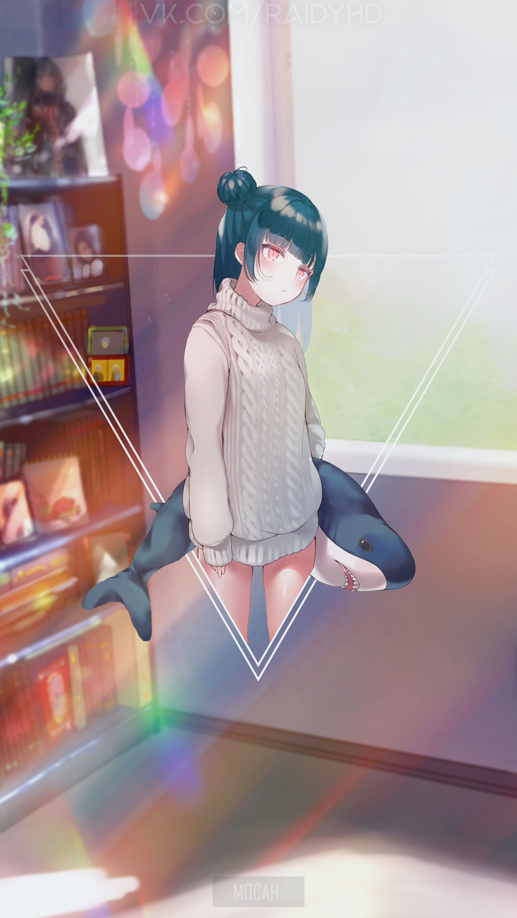 Anime girl with shark plushie in room HD Phone Wallpaper