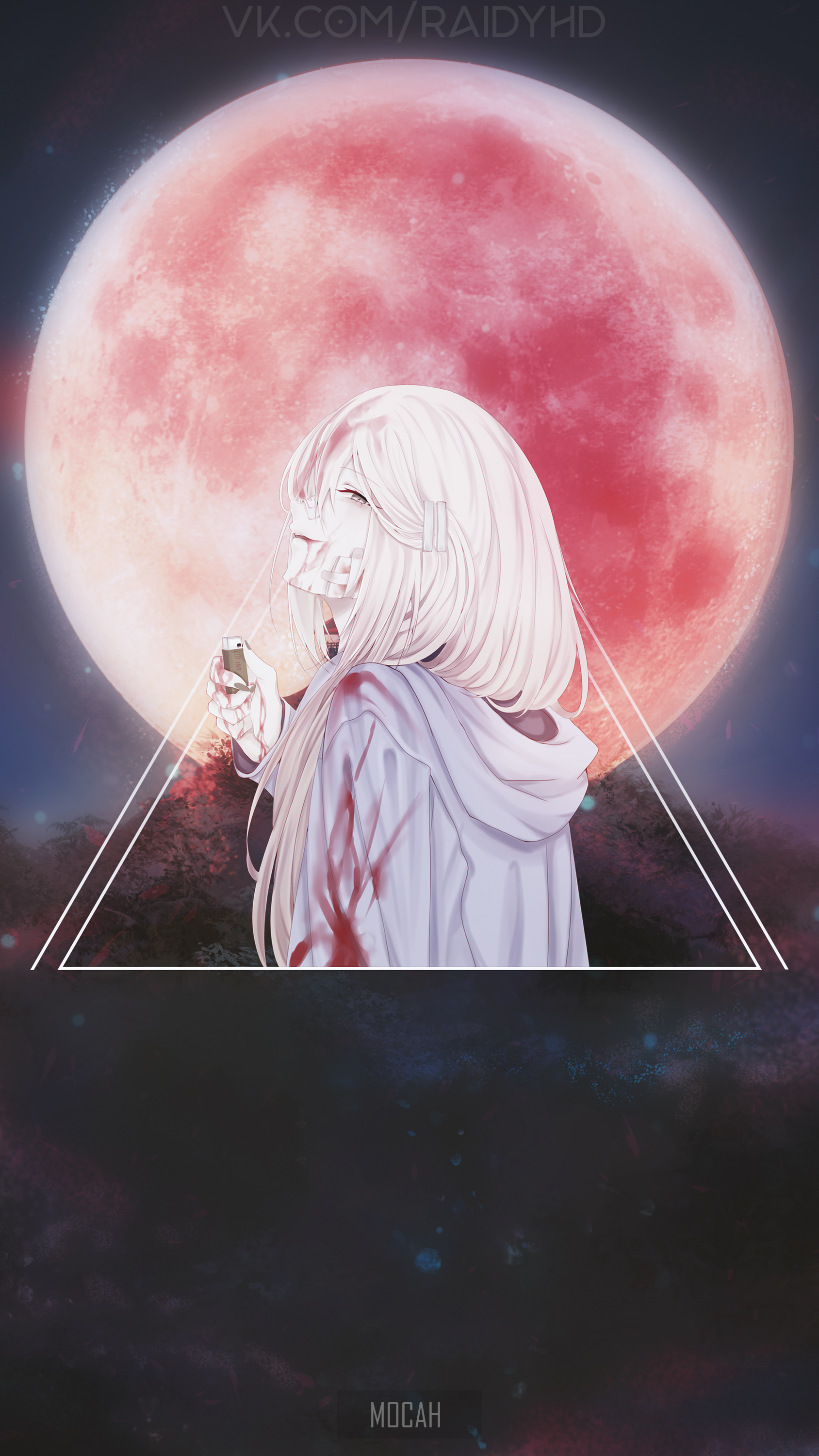 Anime girl with bloodstains against a red moon HD Phone Wallpaper