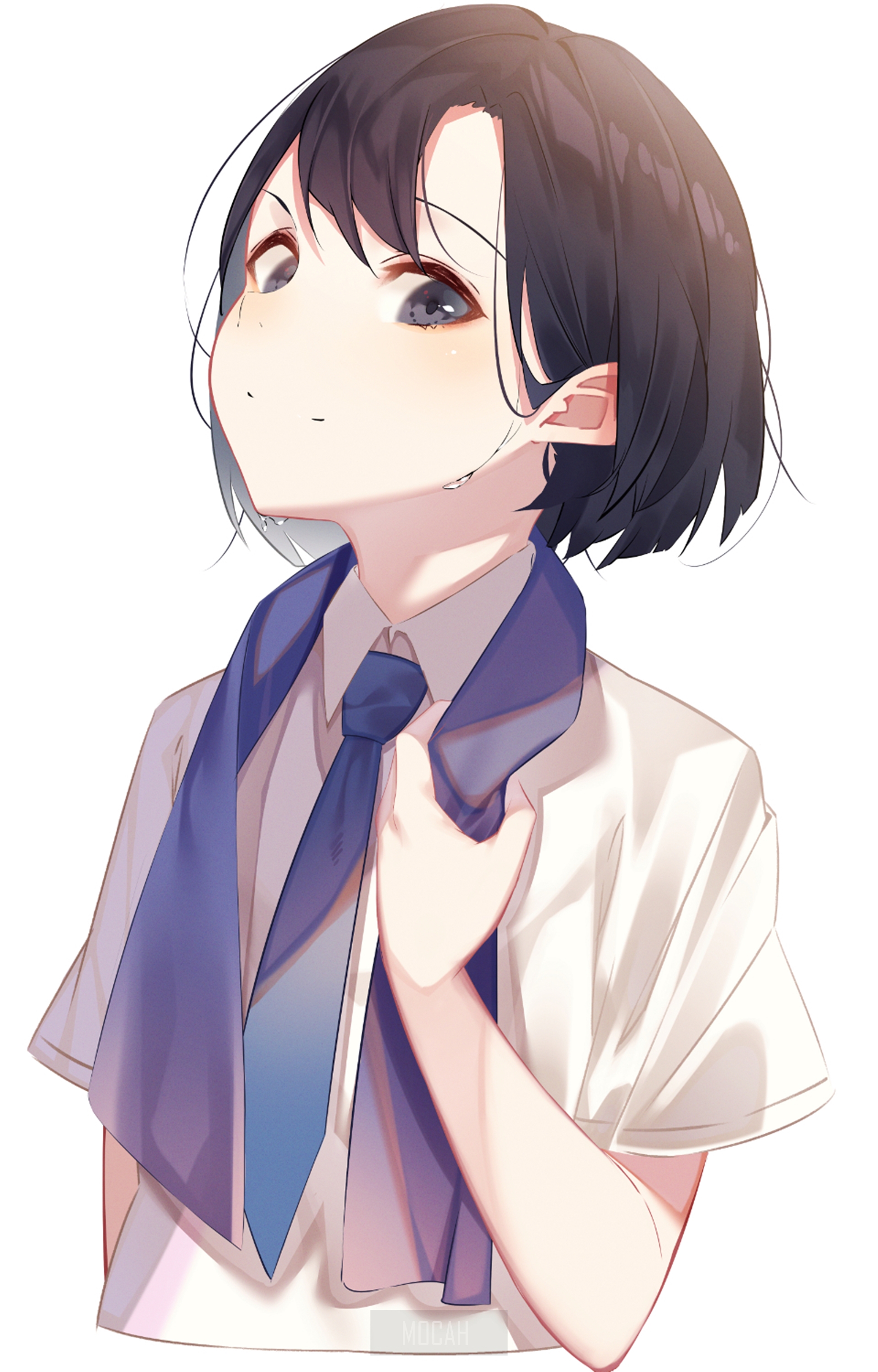Anime girl in school uniform with blue scarf HD Phone Wallpaper