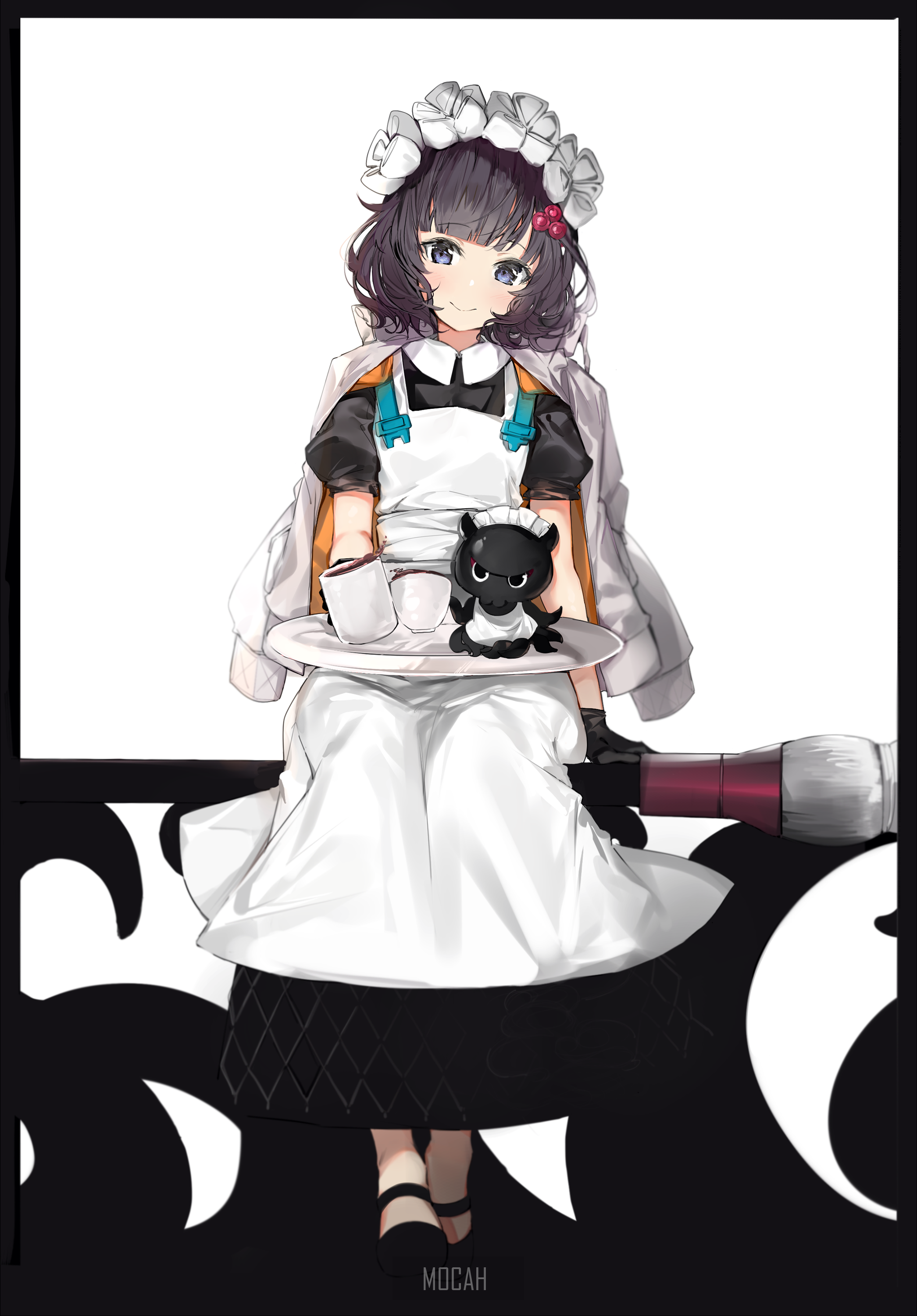 Anime girl in maid outfit holding a tray with a plush toy HD Phone Wallpaper