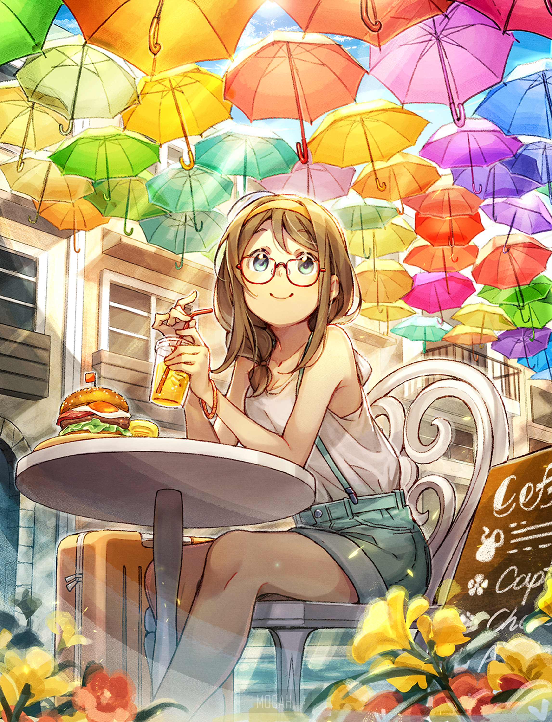 Anime girl with glasses at a cafe under umbrellas HD Phone Wallpaper