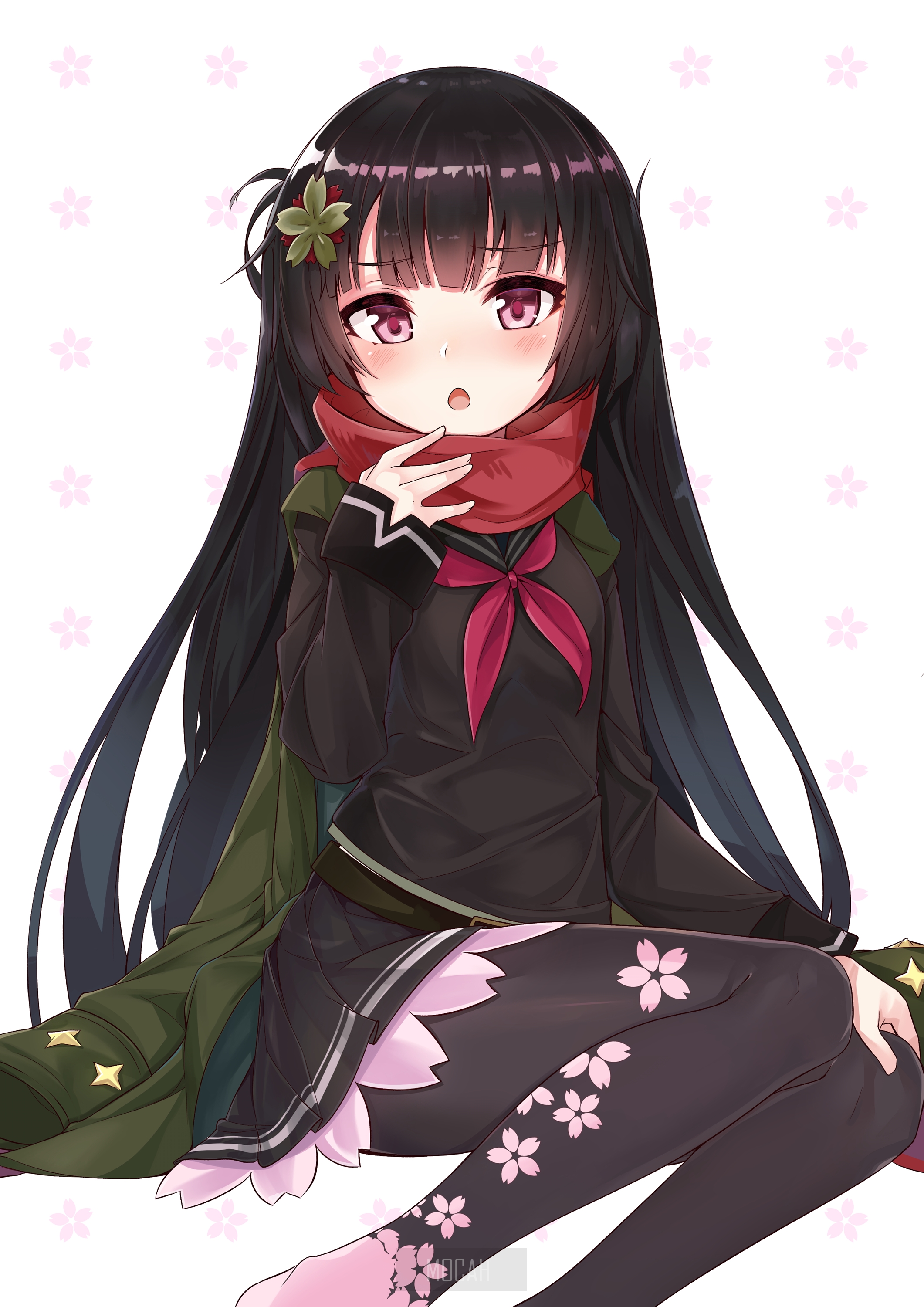 Anime girl with black hair and red scarf HD Phone Wallpaper
