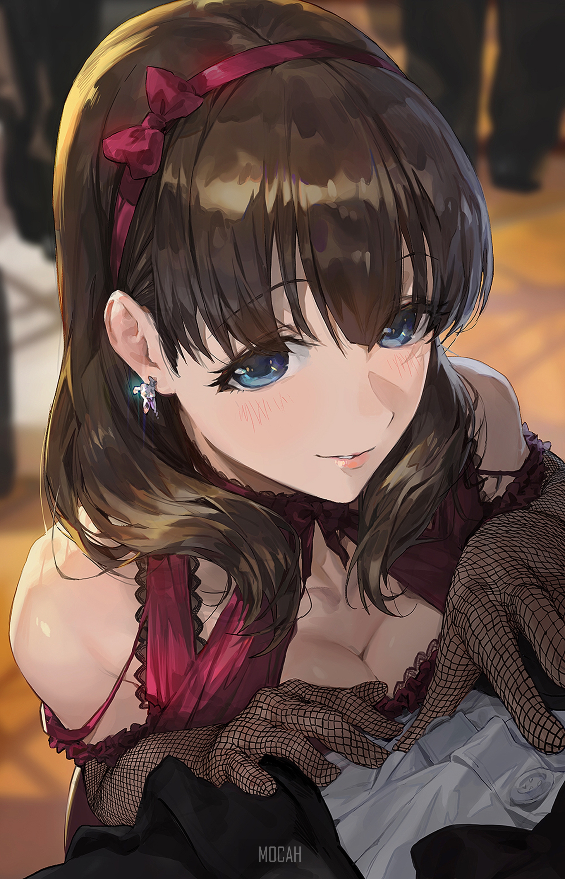 Anime girl with brown hair and blue eyes HD Phone Wallpaper