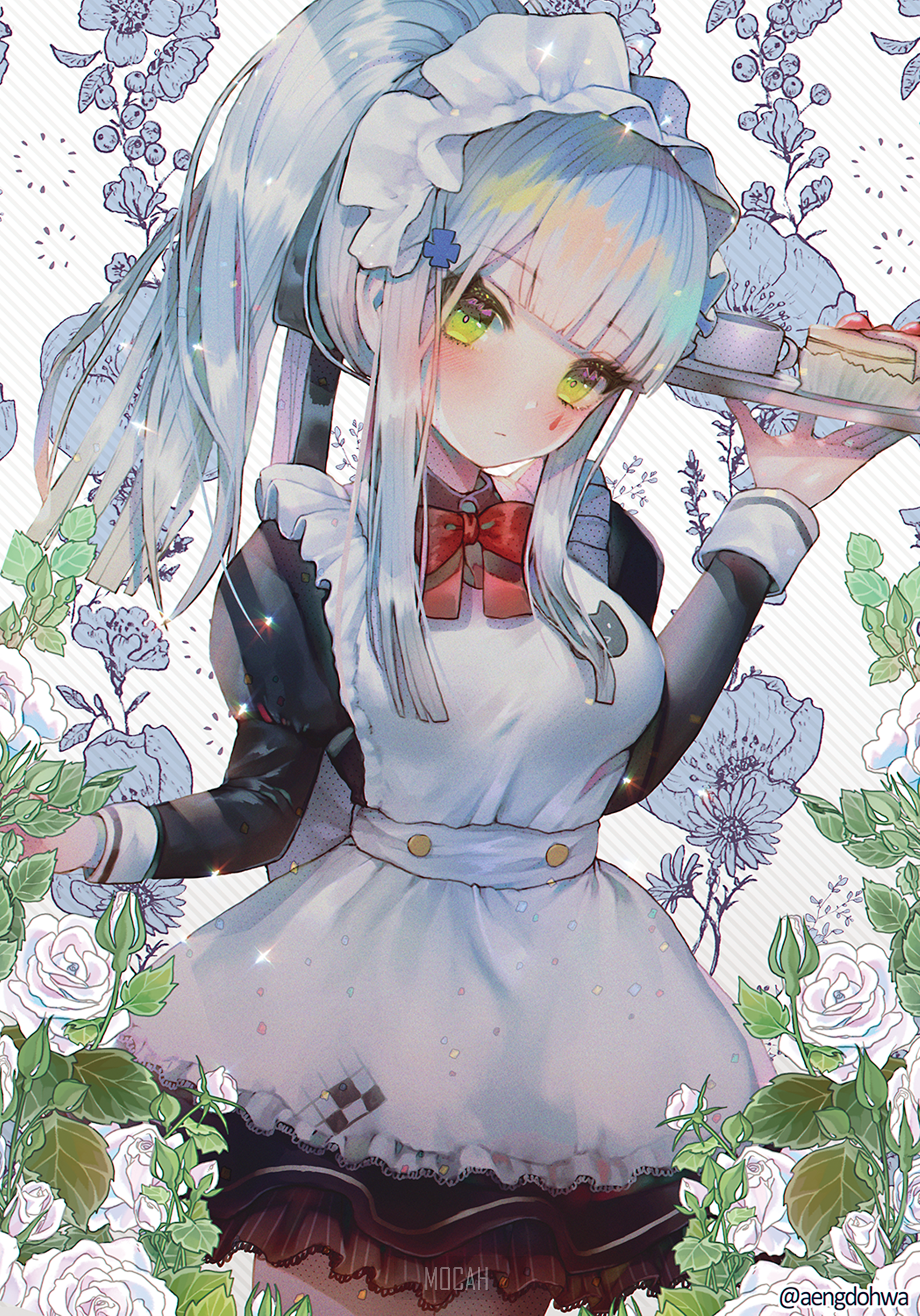 Anime maid girl with cake and flowers HD Phone Wallpaper
