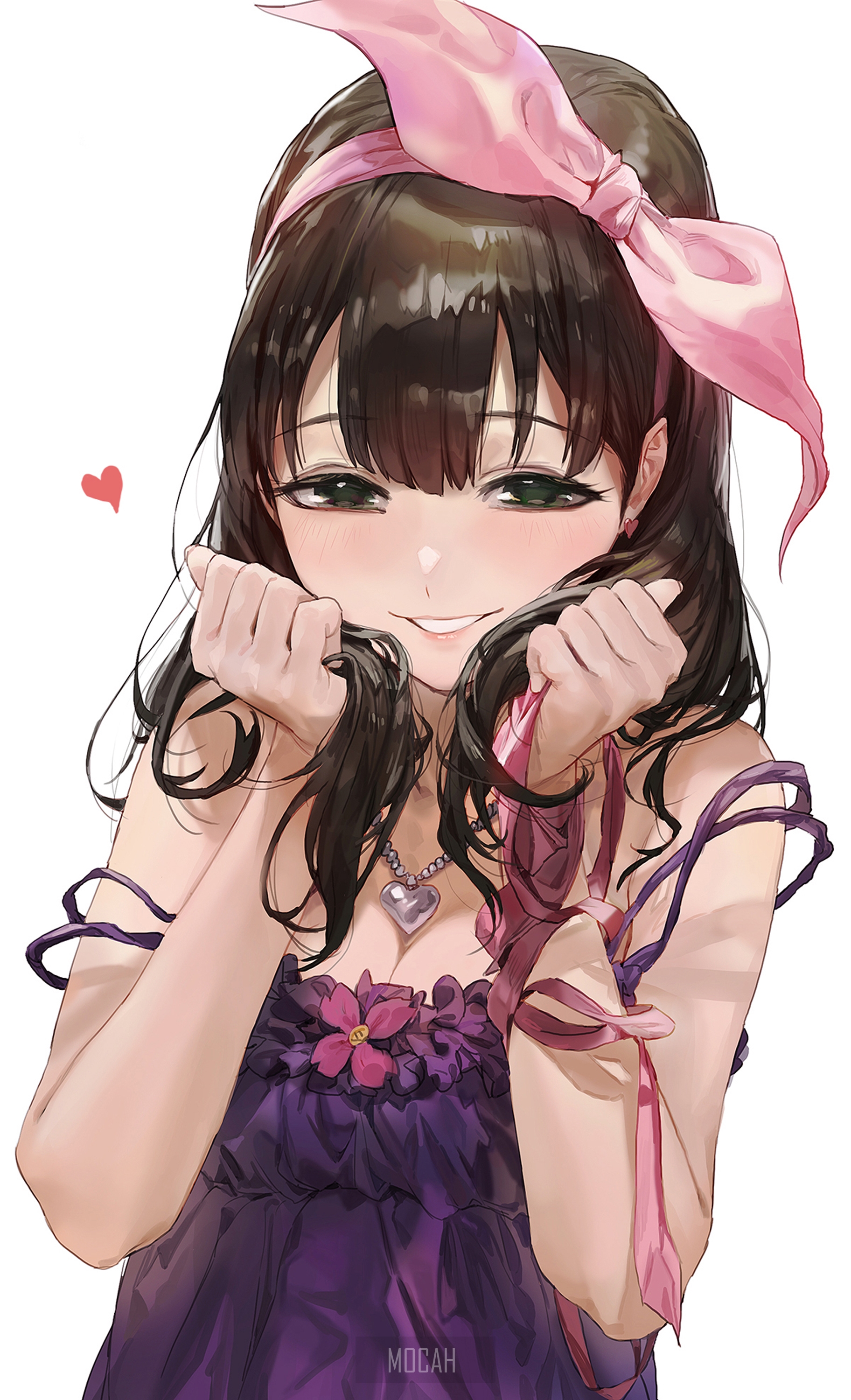 Anime girl with pink bow and purple dress HD Phone Wallpaper
