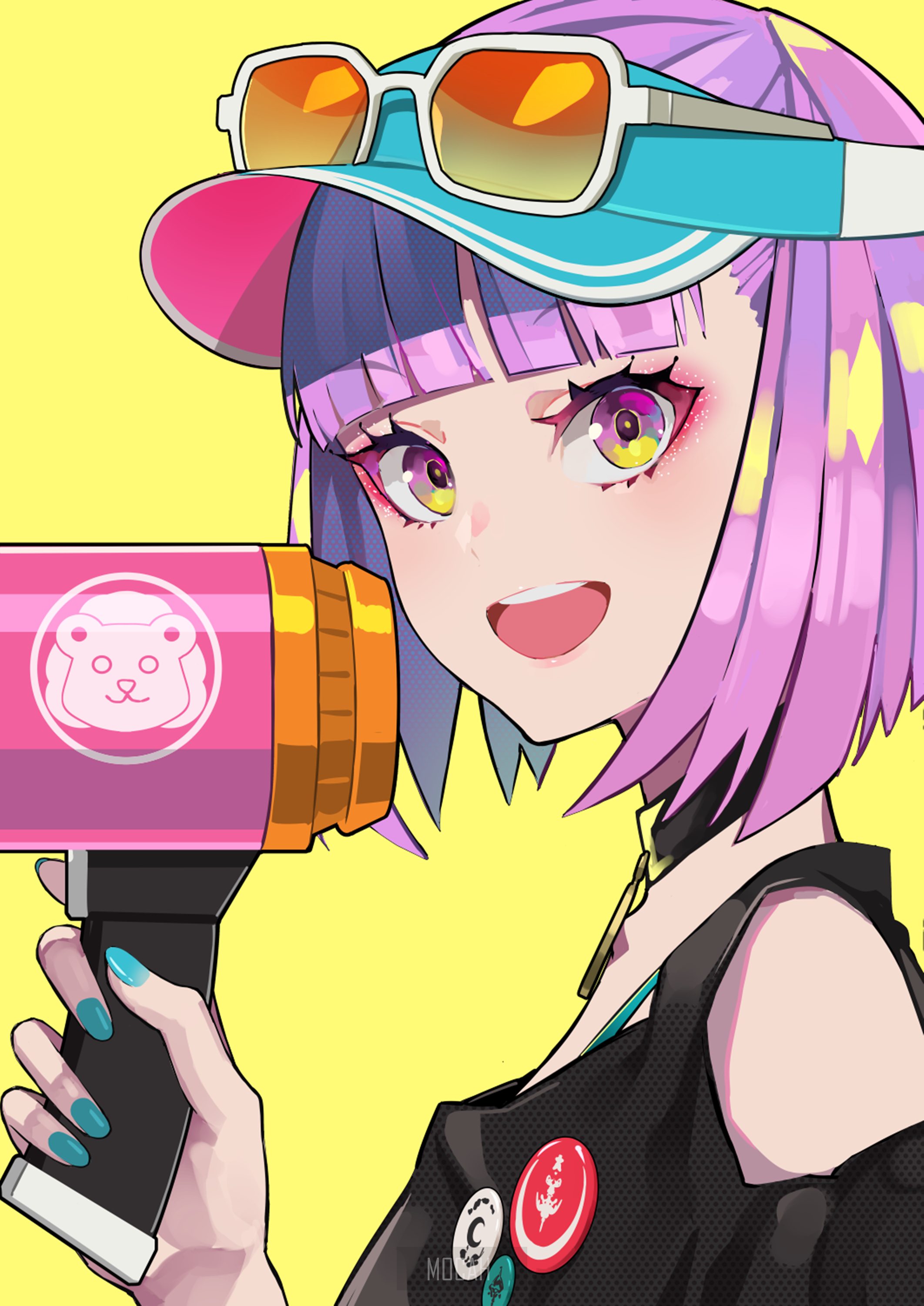 Anime girl with purple hair holding a pink device HD Phone Wallpaper