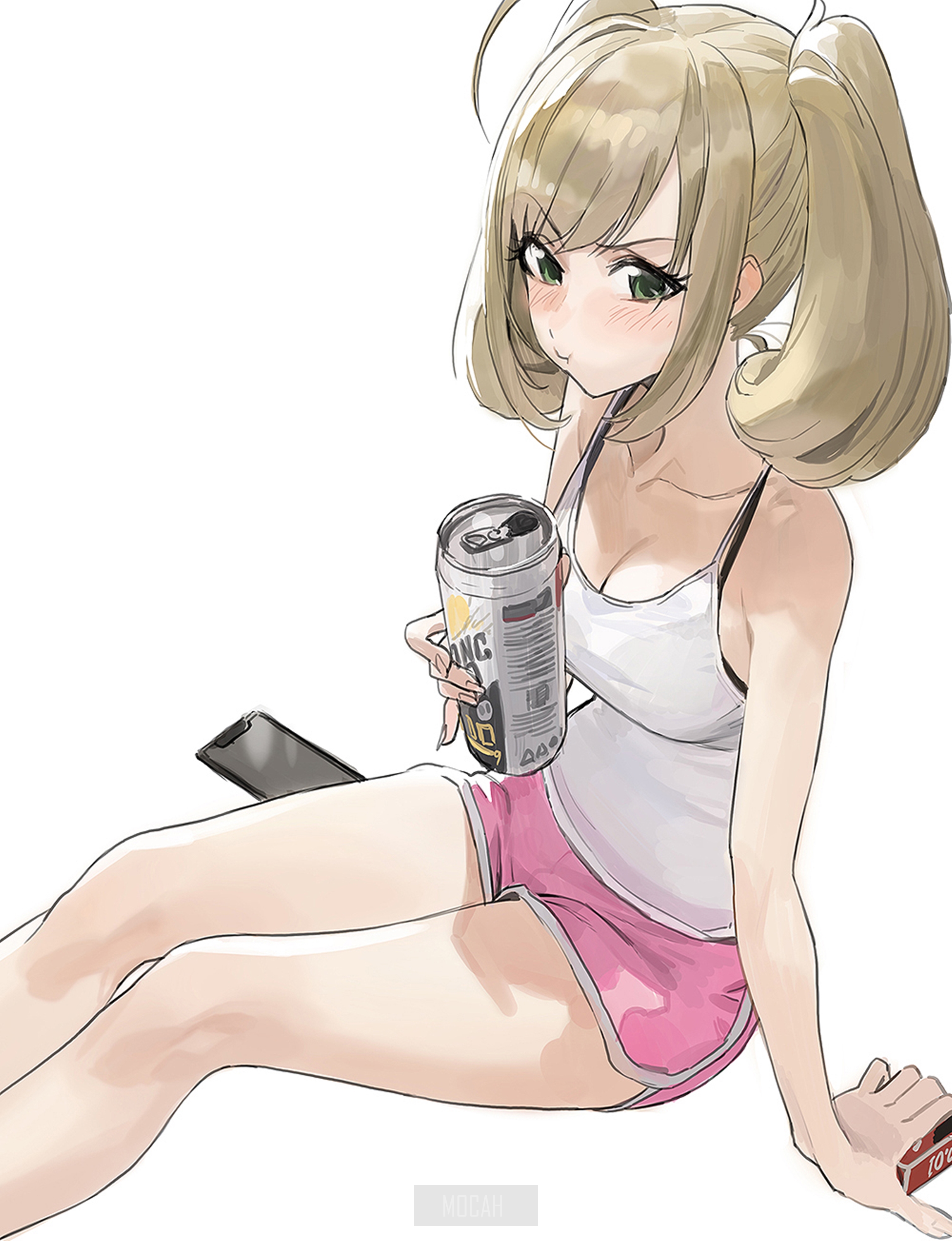 Anime girl with blonde pigtails holding a drink can HD Phone Wallpaper