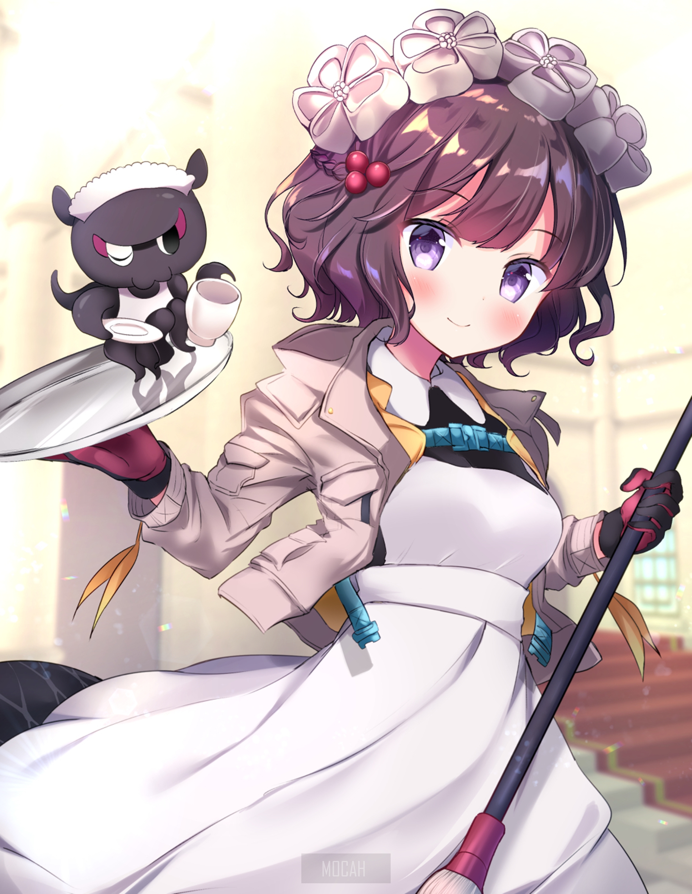 Anime girl with a small creature holding a tray HD Phone Wallpaper