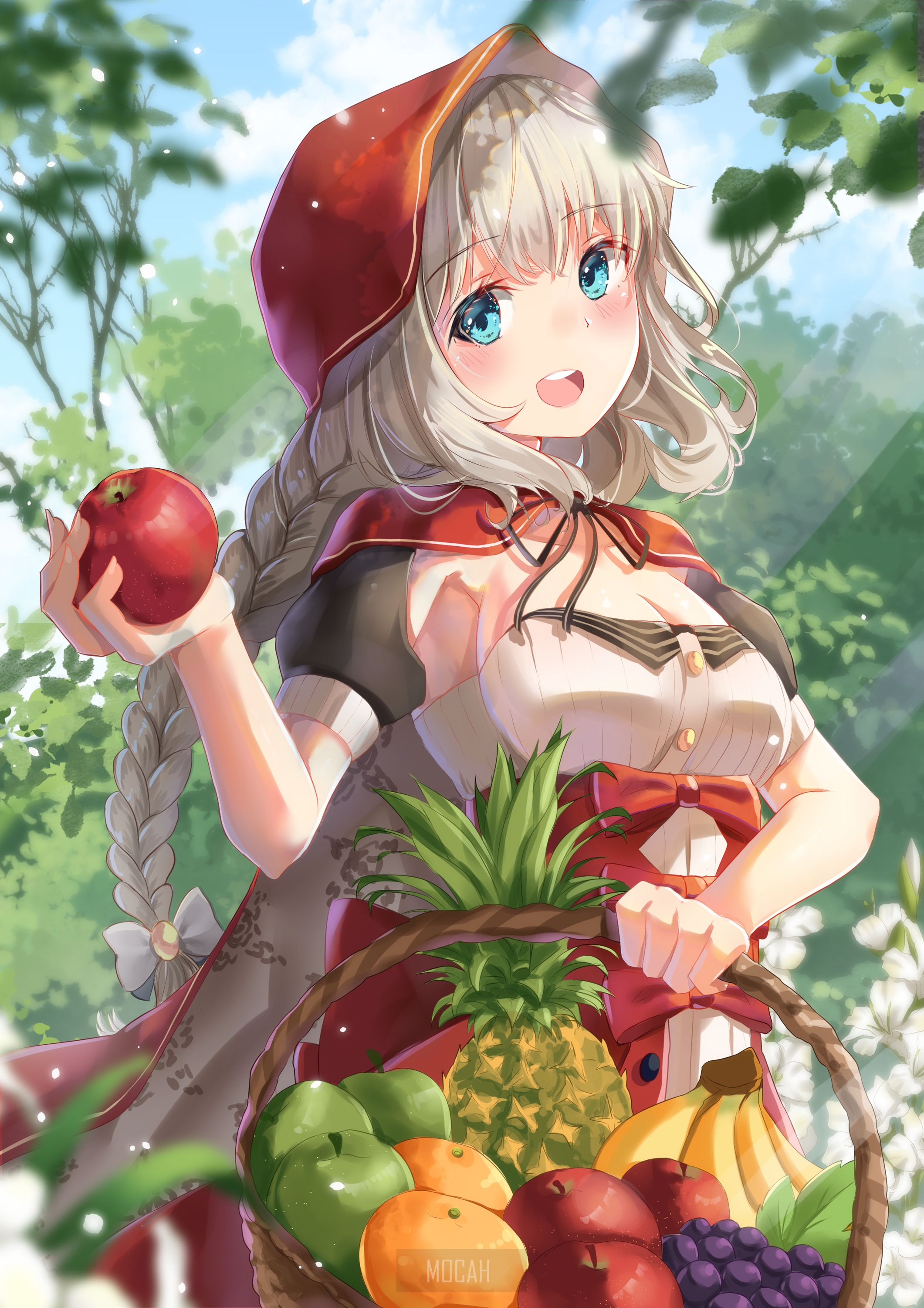 Anime girl in red hood holding apple with fruit basket HD Phone Wallpaper